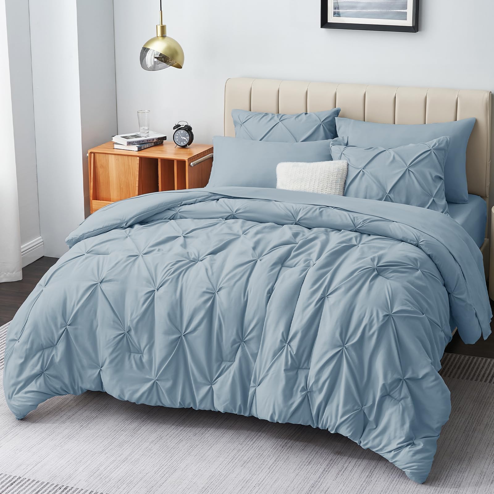 Cozylux King Size Comforter Set - 7 Pieces Comforters King Size Light Blue, Pintuck Bed In A Bag Pinch Pleat Bedding Sets With A