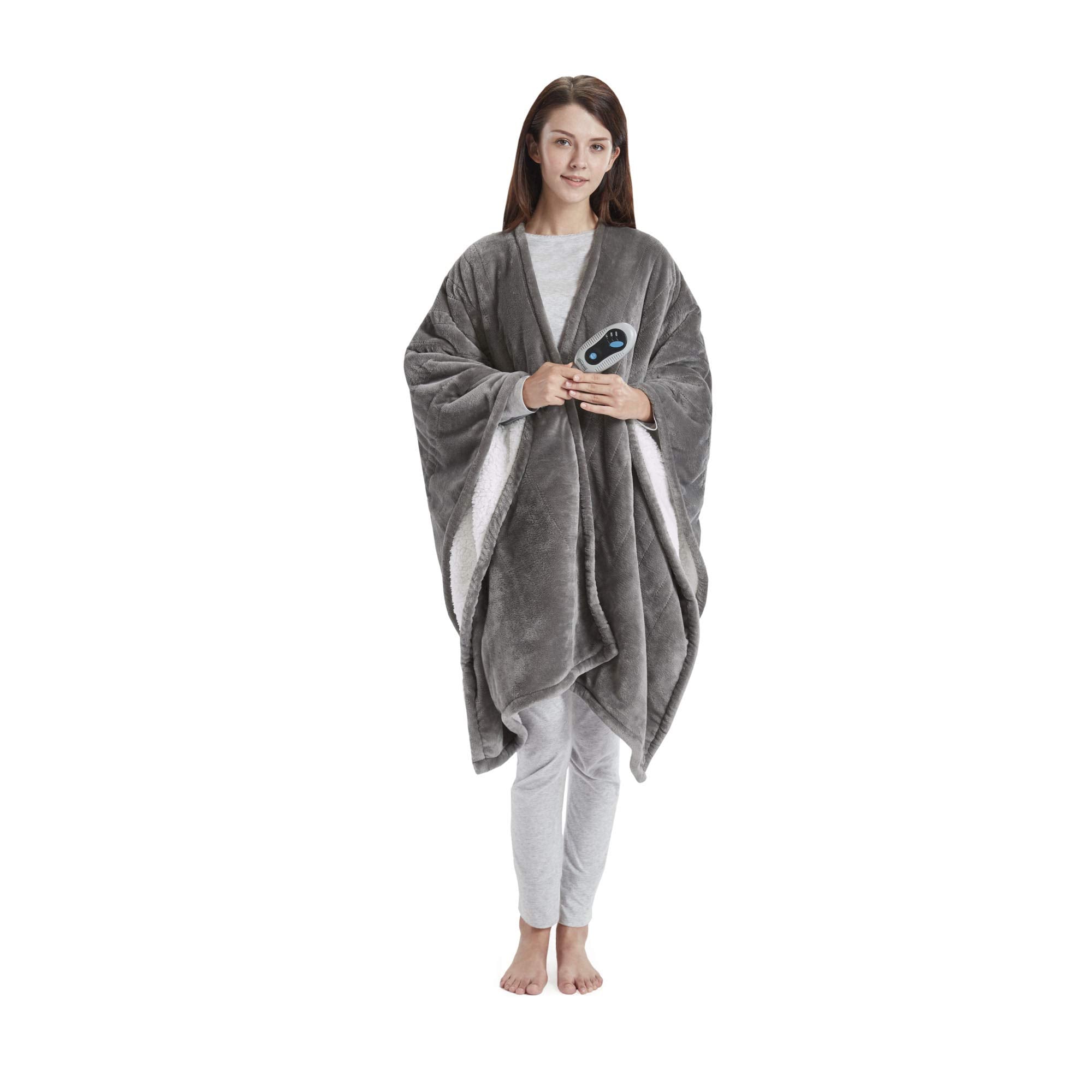 Beautyrest Heated Throw Blanket Wearable Shawl for Gifts, Sherpa to Fleece Electric Wrap Poncho, Auto Shut Off, Virtually No EMF