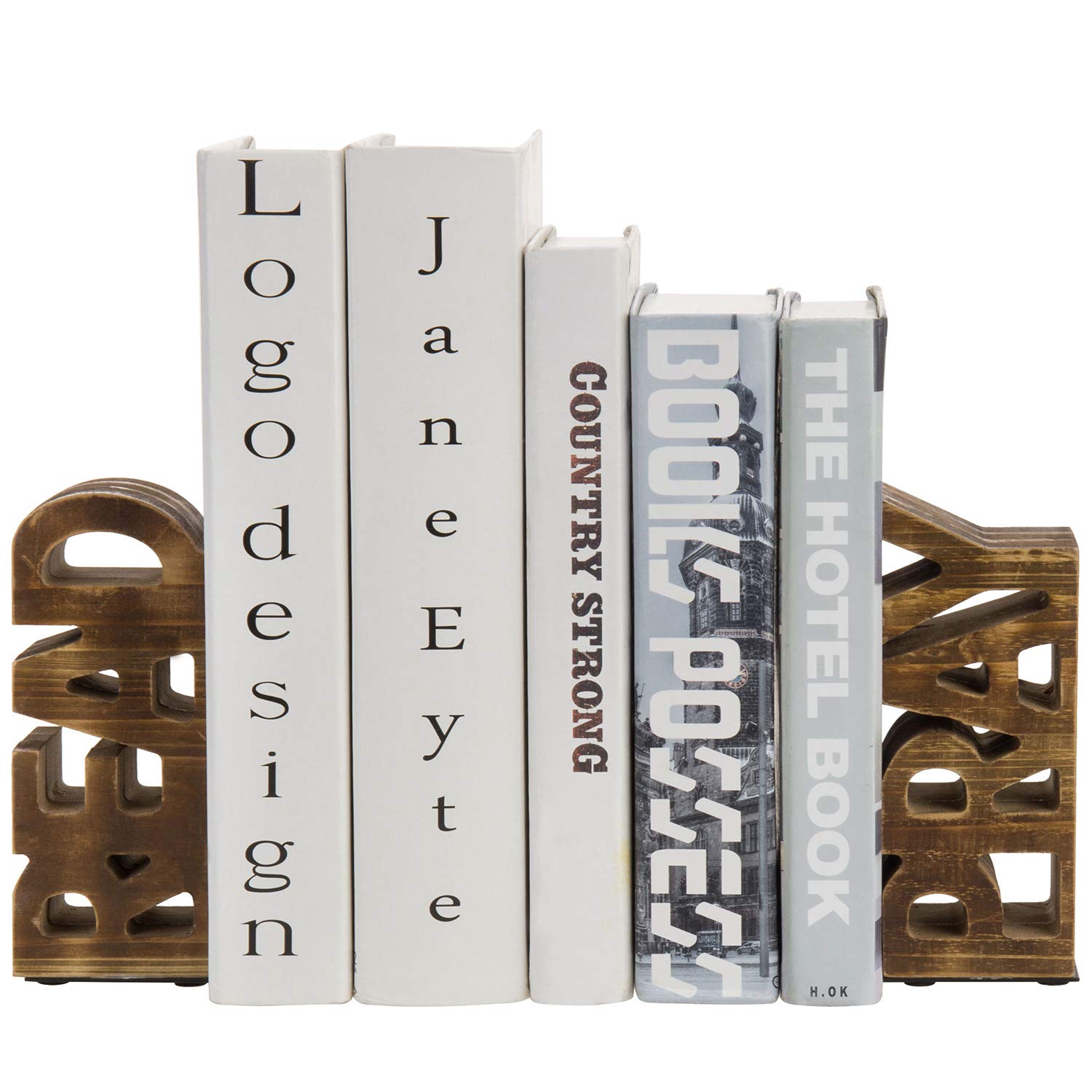 MyGift Rustic Burnt Wood Decorative Bookends with READ and PRAY Carved Block Words, Home Office Childrens Library Book Stand, 1