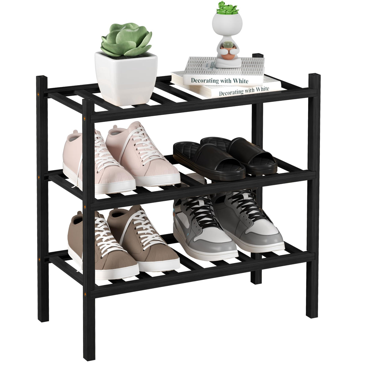 Romguar Craft 3-Tier Bamboo Small Shoe Rack, Free Standing Wood Shoe Shelf Storage Organizer For Closet Entryway Stackable (Black)