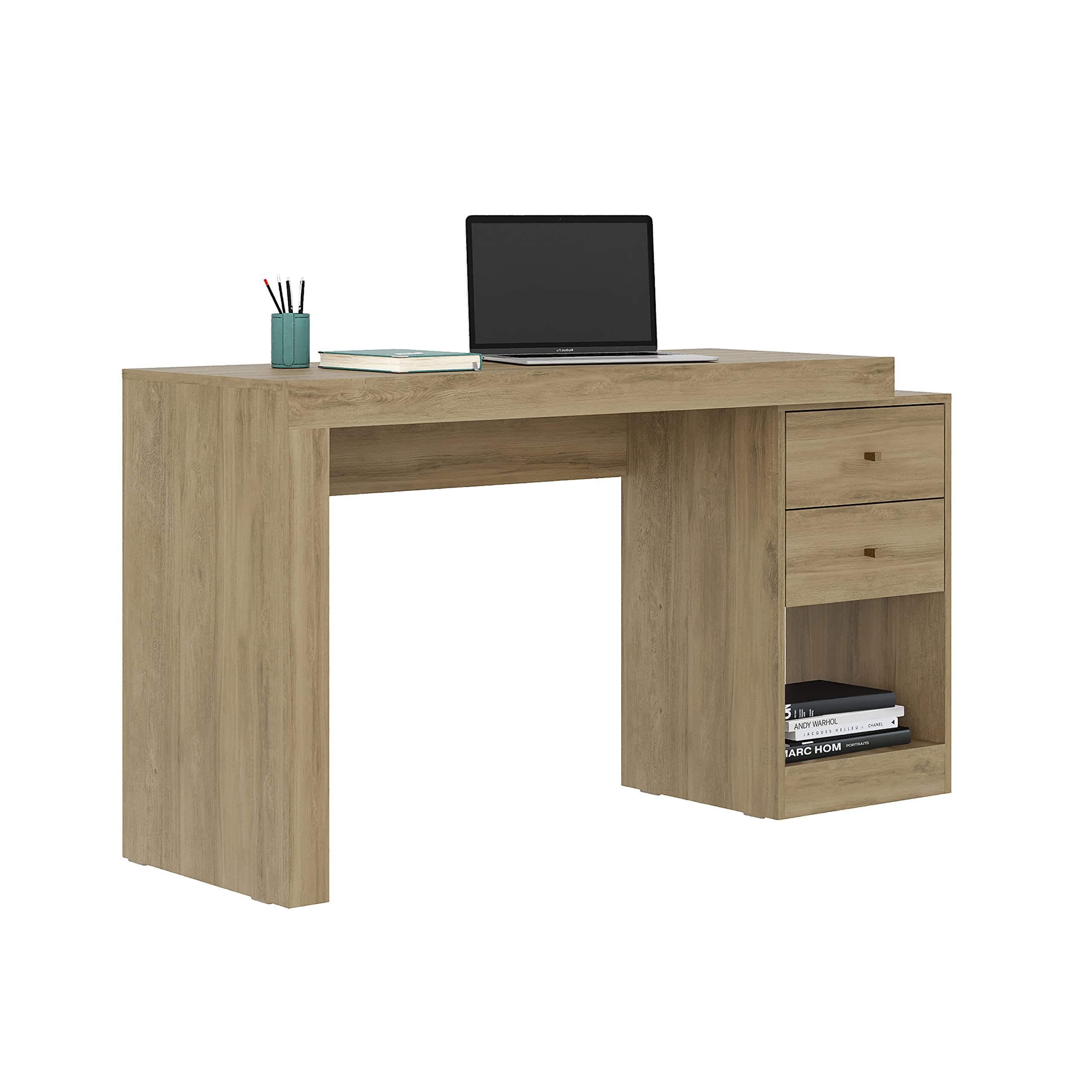 Techni Mobili Expandable Desk With Storage Drawers & Open Shelf - Expands From 47 Inch To 57 Inch - Pine Computer Desk With Printer Space - Modern Home Office Table With Drawers Blanco Collection