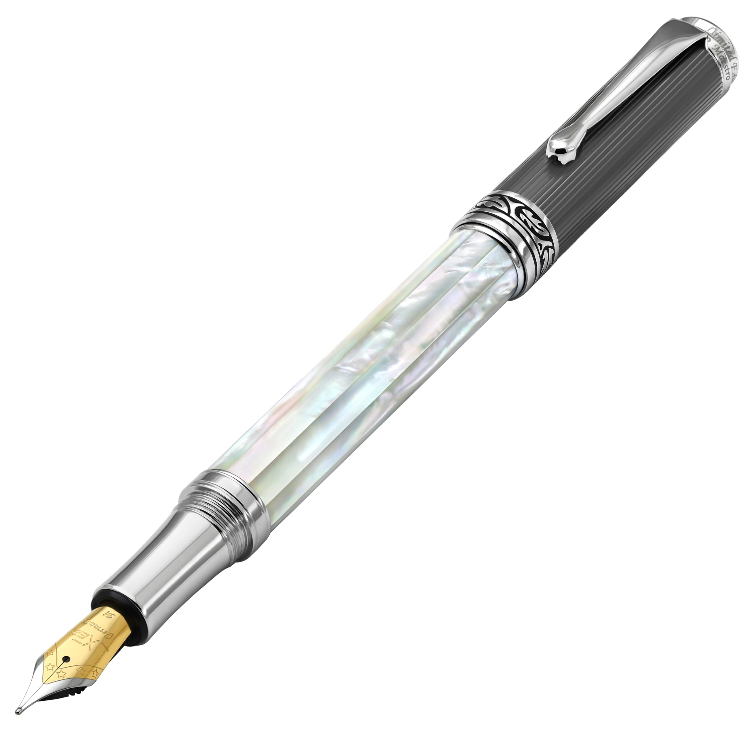 Xezo Maestro Handmade Fountain Pen, Medium Nib. Iridescent Oceanic Origin White Mother Of Pearl With Diamond-Like Carbon Pvd. Se