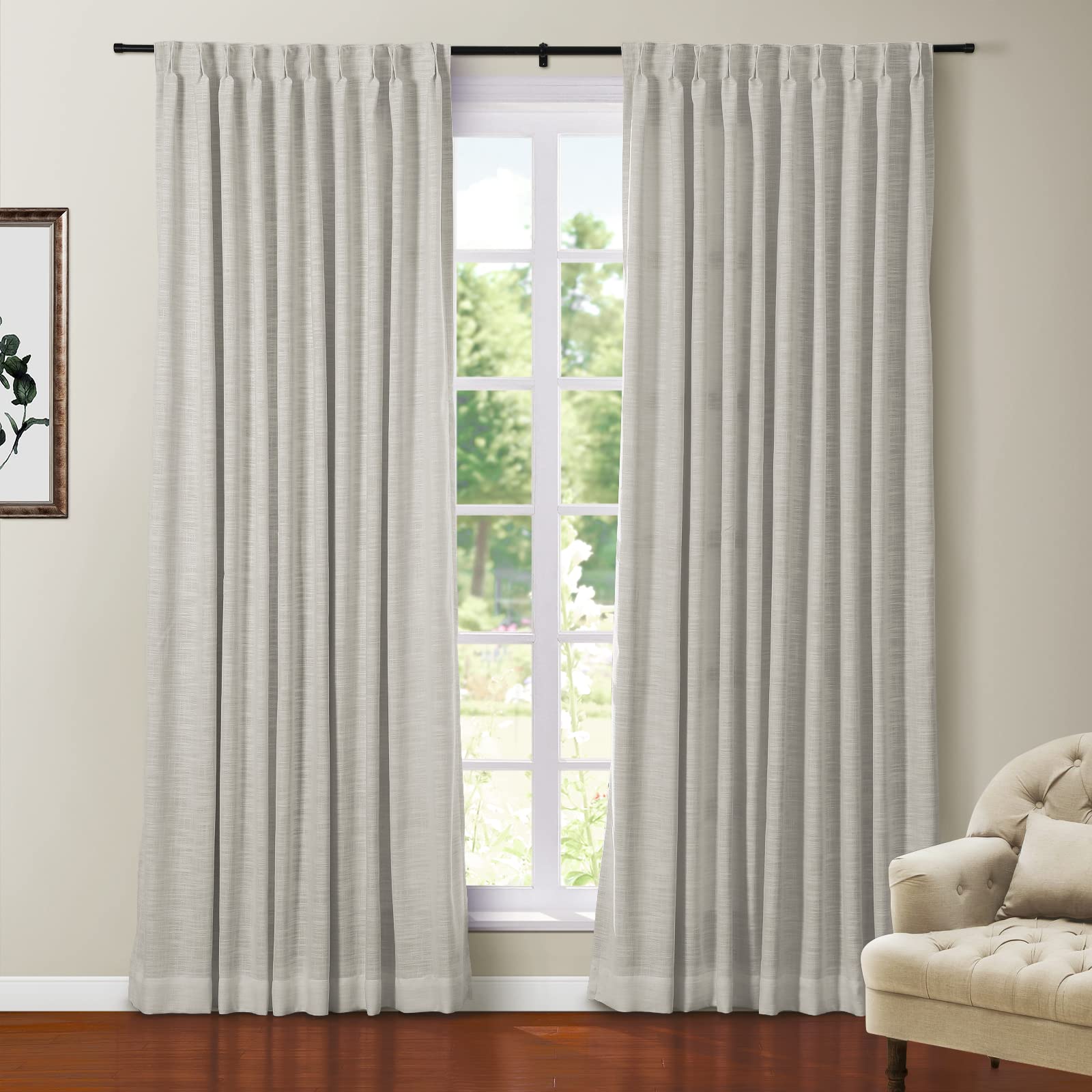 Twopages Light Gray Linen Blend 108 Inches Long Blackout Curtain For Bedroom Kids Room Linen Blend Thermal Insulated Curtain Wit