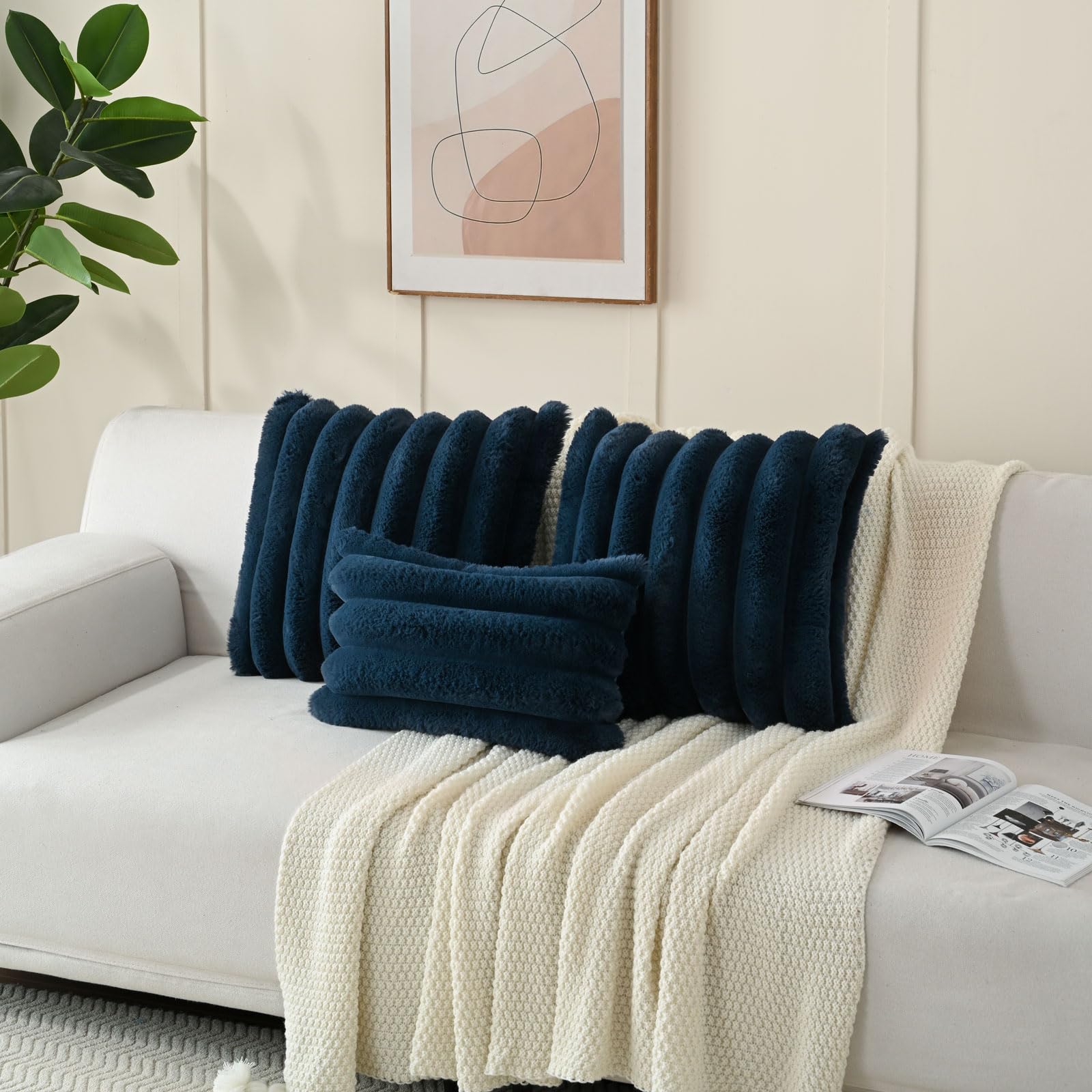 Futei Navy Blue Decorative Throw Pillow Covers 16X16 Inch Set Of 2, Square Soft Faux Rabbit Fur Big Striped Cushion Cover,Home D