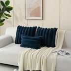 Futei Navy Blue Decorative Throw Pillow Covers 18X18 Inch Set Of 2, Square Soft Faux Rabbit Fur Big Striped Cushion Cover,Home D