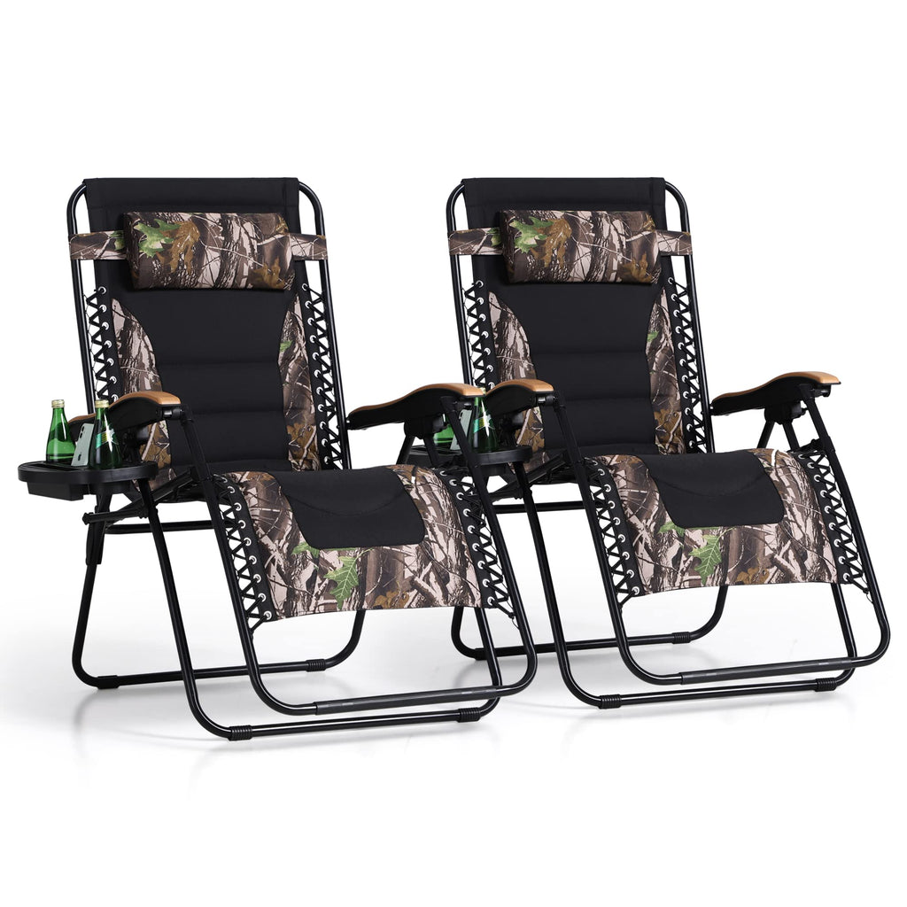 Phi Villa Xxl Oversized Padded Zero Gravity Chair, Foldable Patio Recliner, 30' Wide Seat Anti Gravity Lounger With Cup Holder, Set Of 2, Support 400 Lbs (Camouflage)