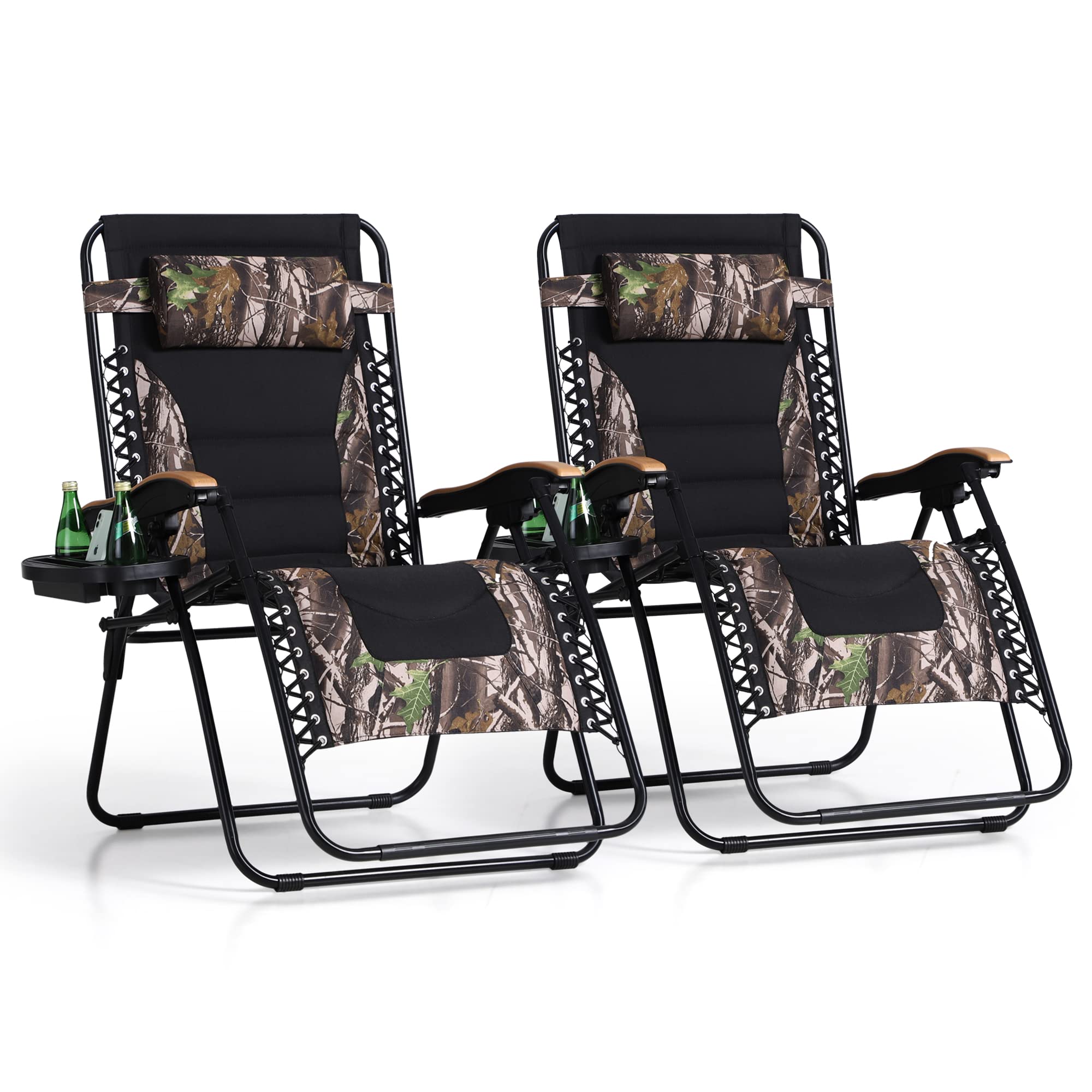 Phi Villa Xxl Oversized Padded Zero Gravity Chair, Foldable Patio Recliner, 30' Wide Seat Anti Gravity Lounger With Cup Holder, Set Of 2, Support 400 Lbs (Camouflage)