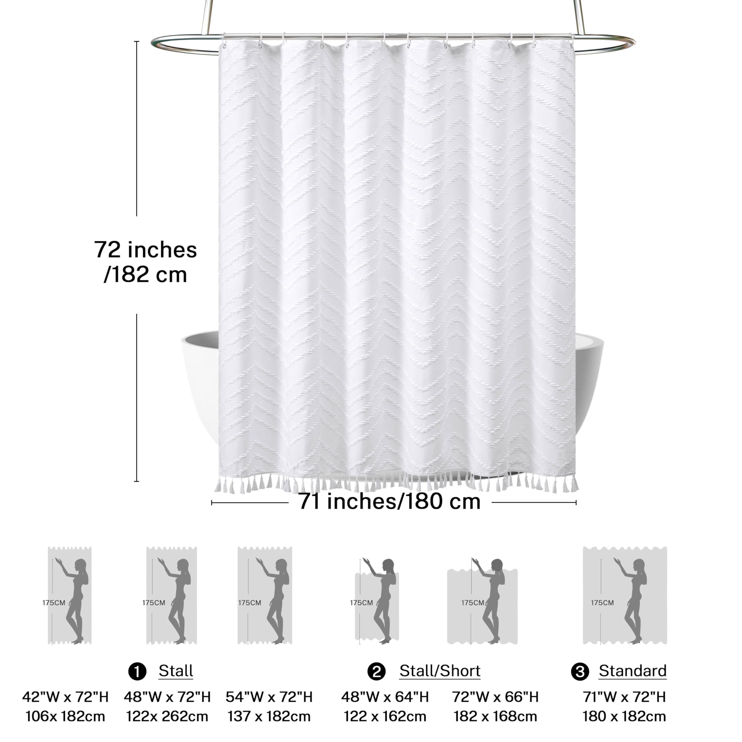 Boho Shower Curtain White Tassel Woven Fabric Shower Curtain 71 X 72 Modern Farmhouse Textured Tufted Chevron Striped Minimalist