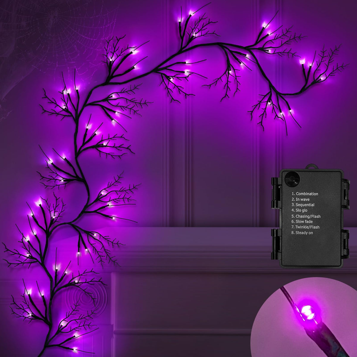 SURCVIO 6 Ft 54 LED Halloween Willow Vine Twig Decor Garland with 8 Modes Timer Waterproof Battery Operated Scary Halloween Deco