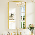 Keonjinn Gold Bathroom Mirrors for Over Sink 24 x 36 Inch Brushed Brass Metal Framed Mirror, Rounded Rectangle Bathroom Vanity M