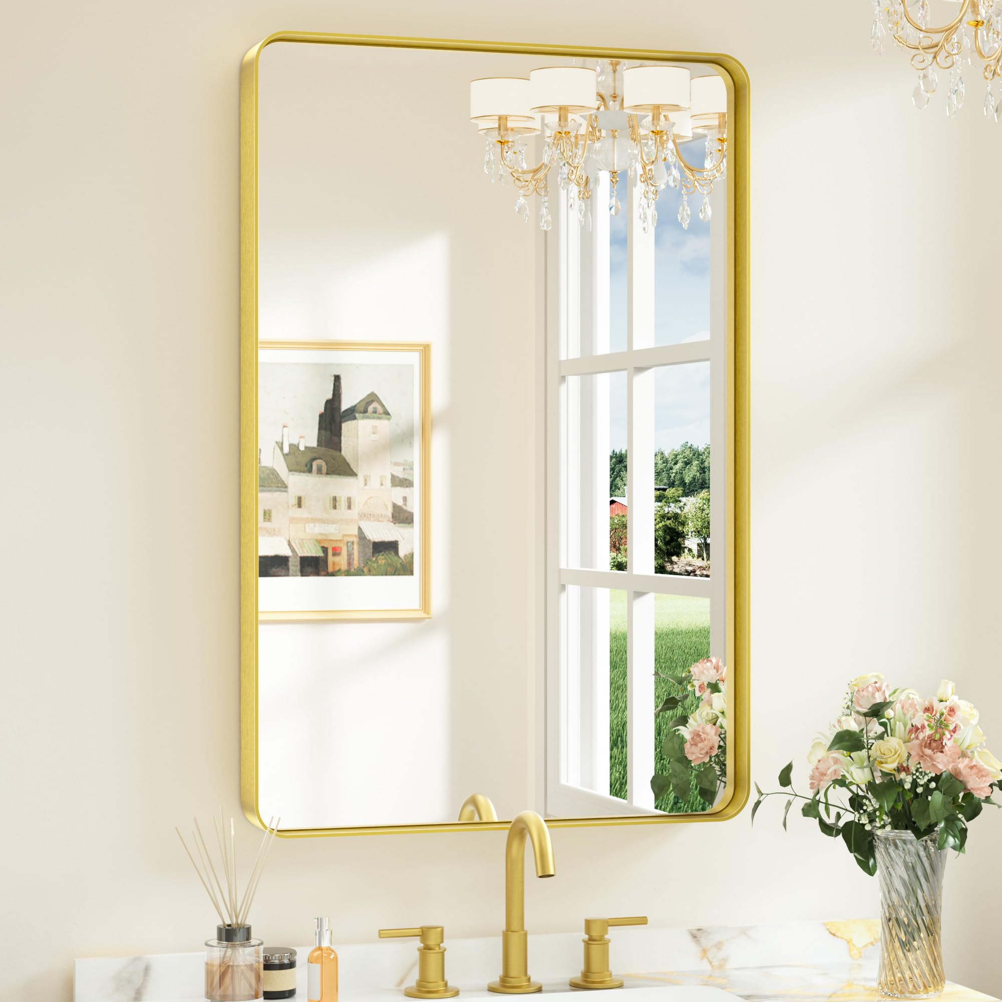 Keonjinn Gold Bathroom Mirrors for Over Sink 24 x 36 Inch Brushed Brass Metal Framed Mirror, Rounded Rectangle Bathroom Vanity M
