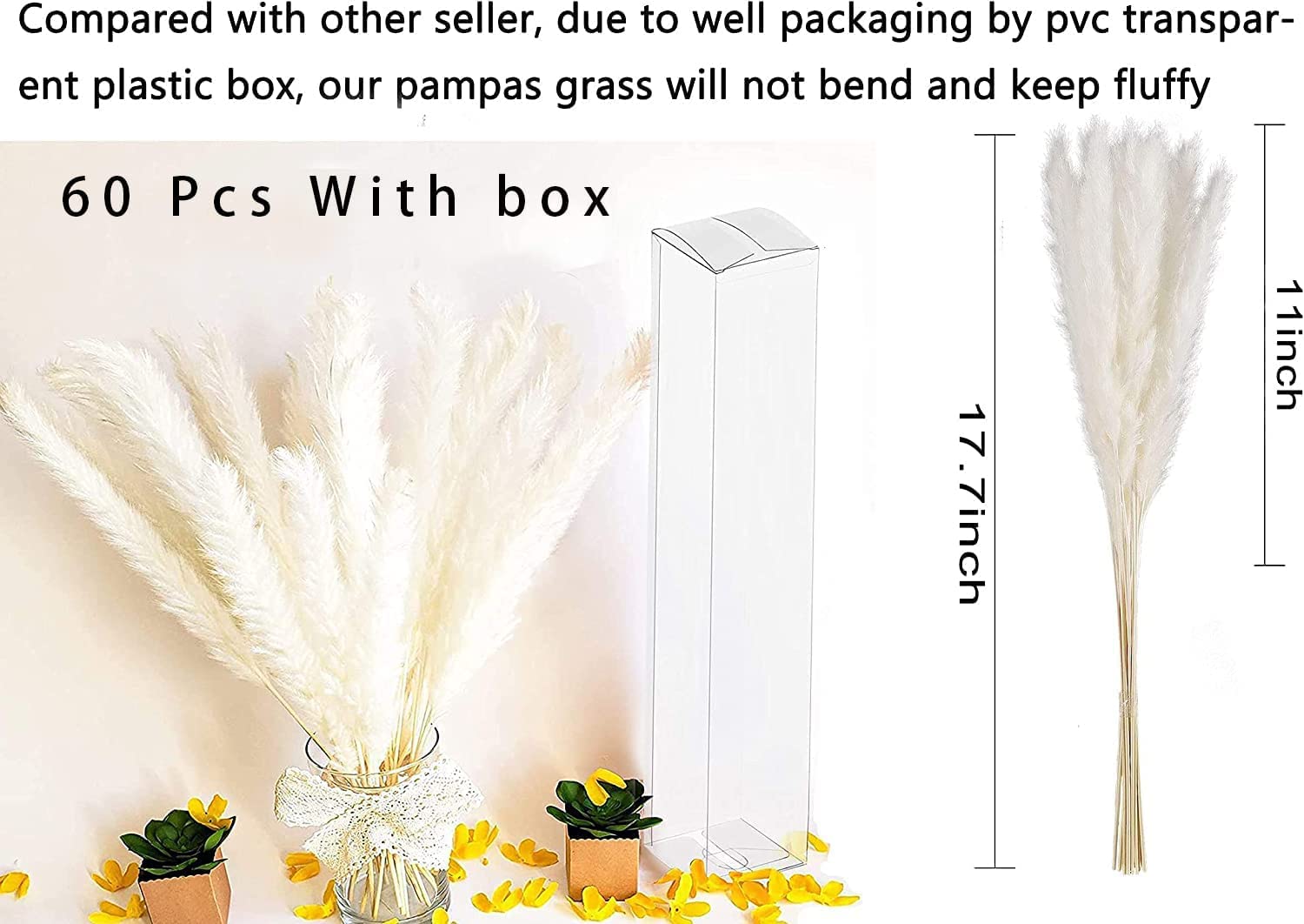 60 Pcs White Pampas Grass ,17 Inch/45 Cm Natural Dried Pampas Grass Branches Decor For Home Kitchen Garden Party Photographing F