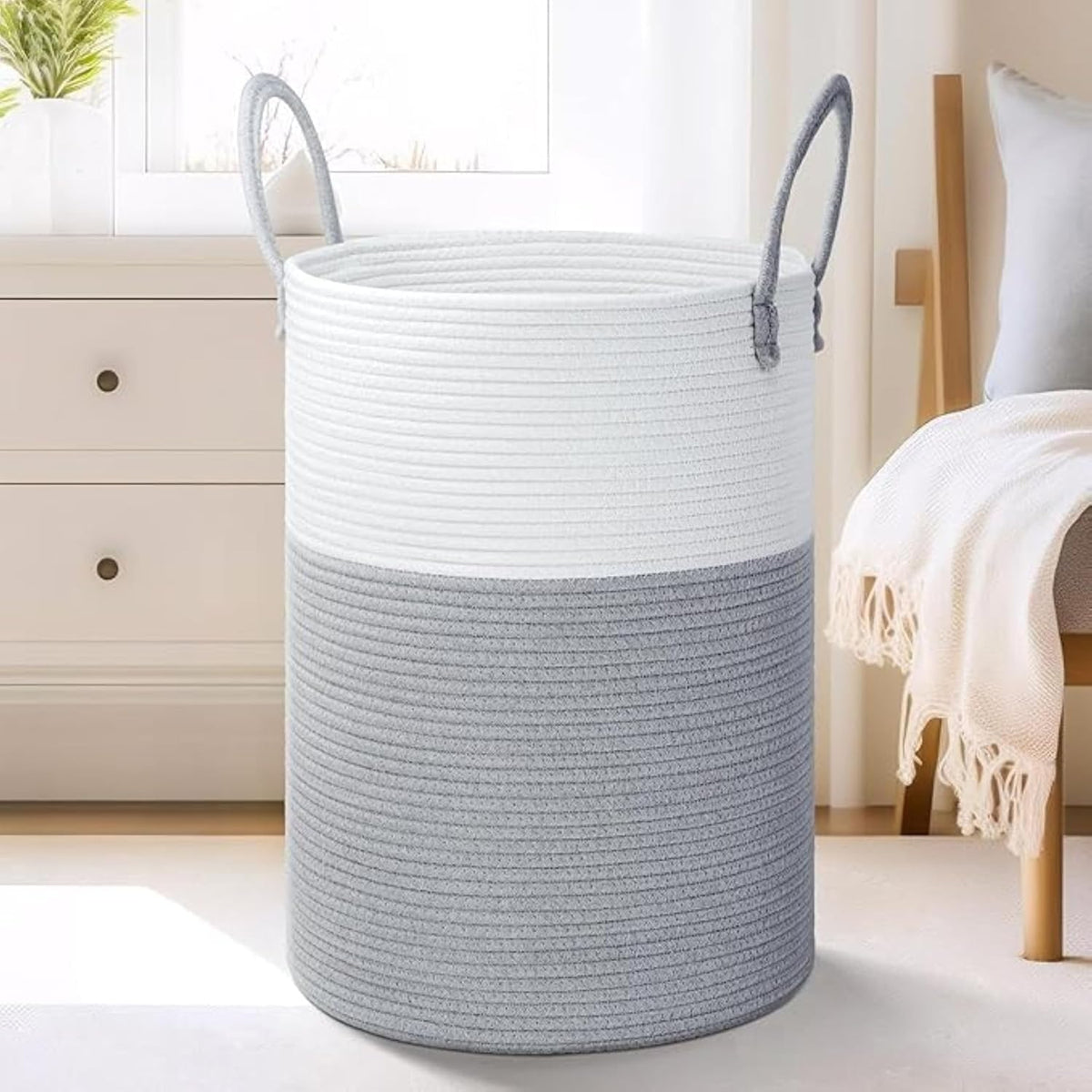 Woven Cotton Rope Laundry Basket 38x43 cm, Gray White