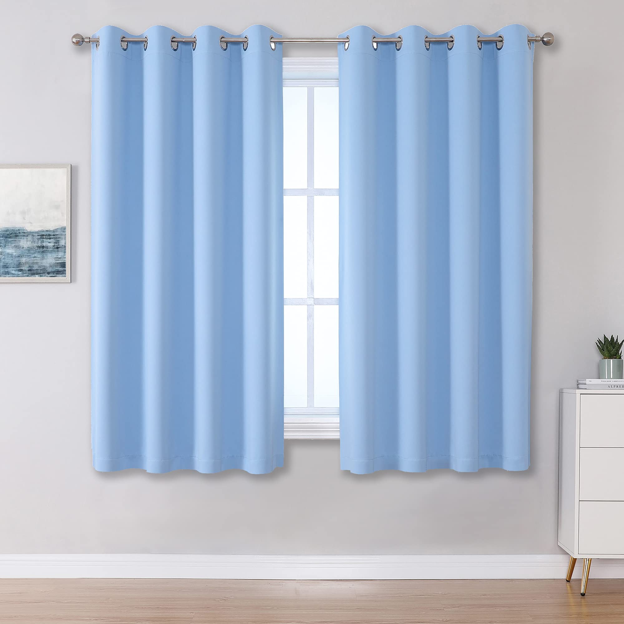 Dualife Sky Blue Blackout Curtains Cerulean Solid Grommet Thermal Insulated Room Darkening Bedroom Curtains 52 By 54 Inch Set Of