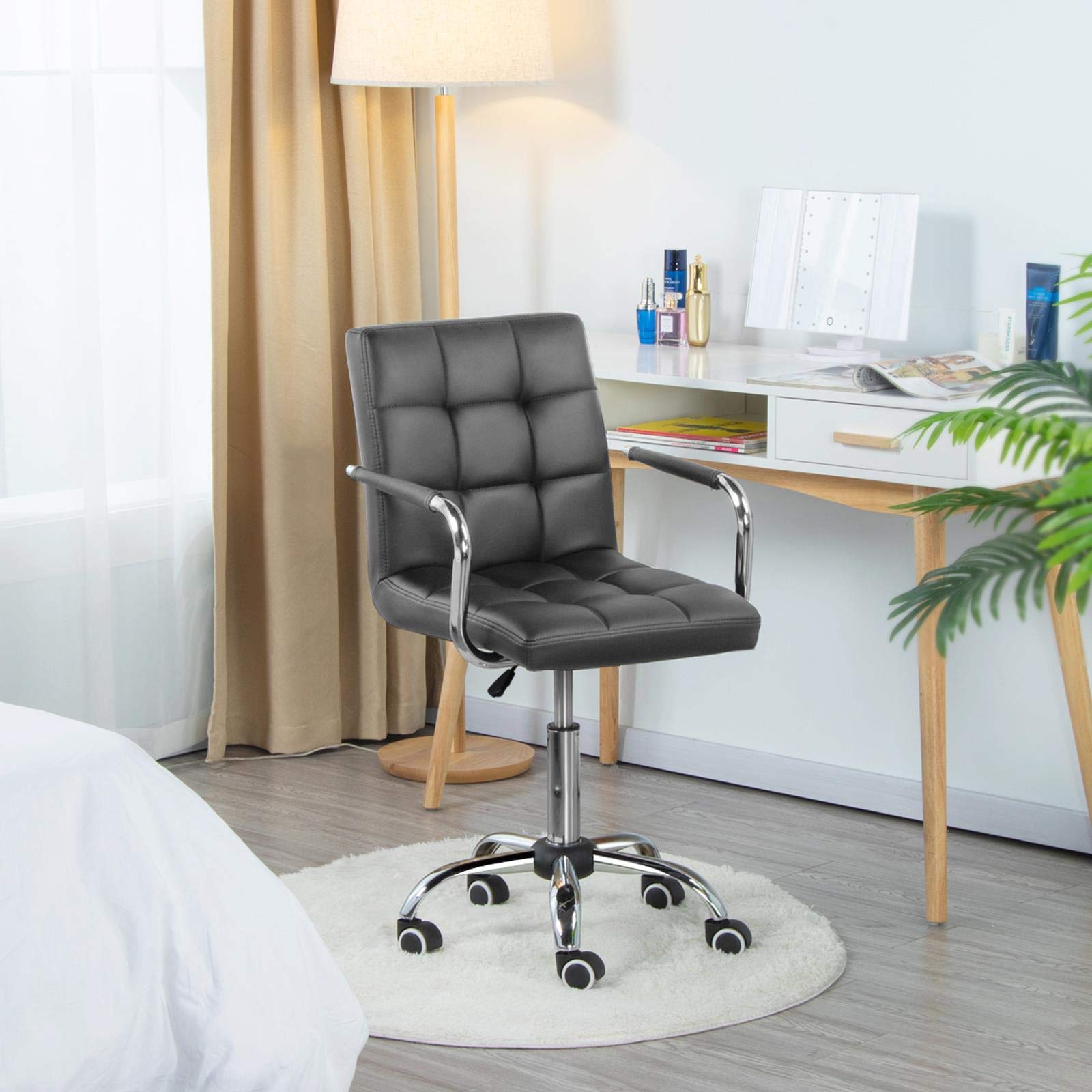 Yaheetech Mid Back Desk Chair, Pu Leather Office Task Chair With Armrests/Large Seat, Adjustable Chair With Wheels, Grey