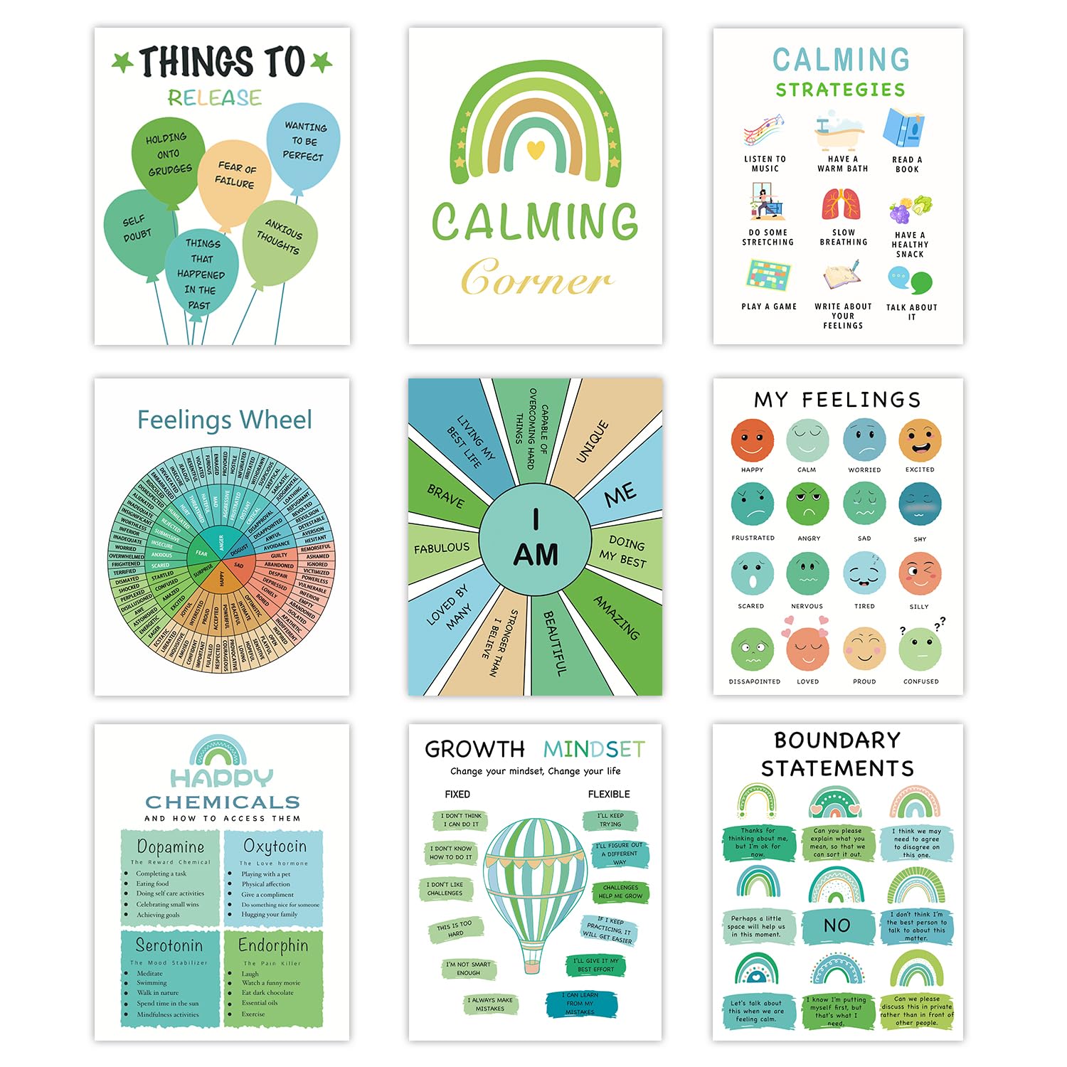 Simsimy 9 Pcs Mental Health Posters Therapy Offices Decor, Calming Corner Classroom Posters, Feelings Wheel Chart & Emotions Pos