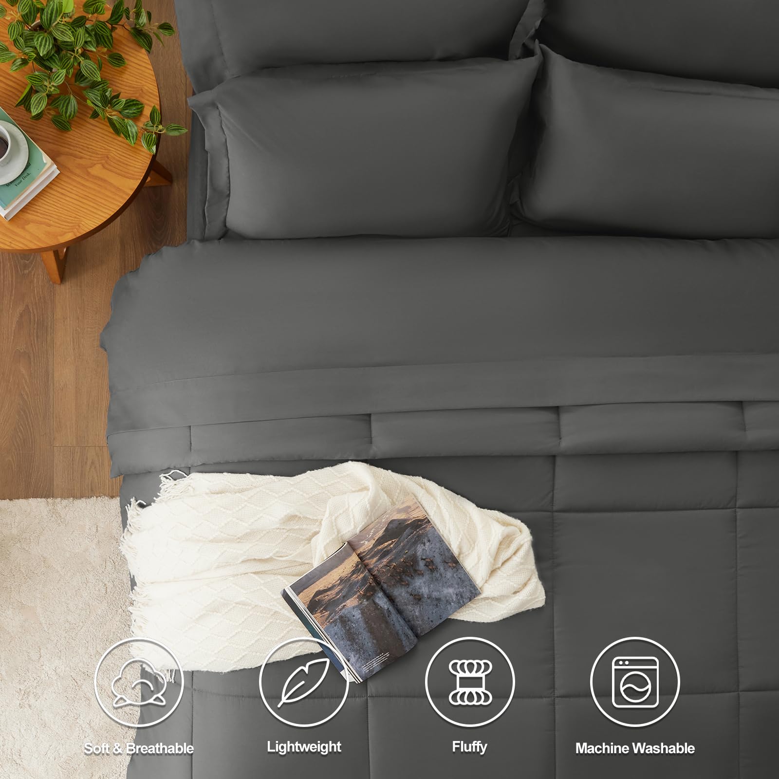 Cozylux King Size Comforter Set - 7 Pieces Bed In A Bag King, Complete Bedding Sets Bed Set For All Season With Comforter, Flat Sheets, Fitted Sheet, Pillowcases & Shams Dark Grey