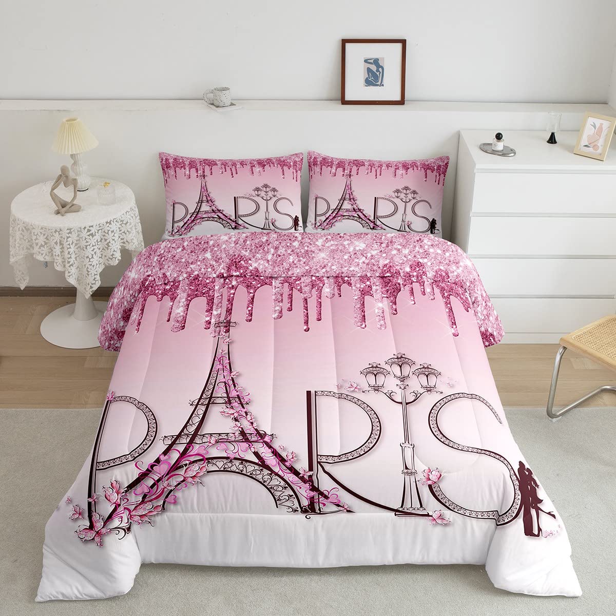 Eiffel Tower Comforter Set Twin Size,Pink Shimmer Floral Dreamy Down Comforter For Girls Boys Adults Couple Bedroom Decor,Famous