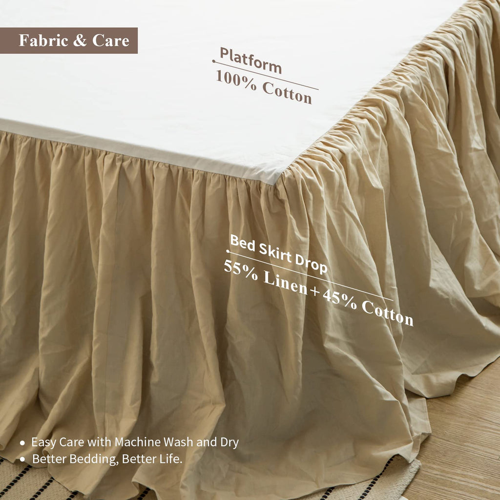 Biselina French Linen Bed Skirt With Pleated Frills 18-Inch Tailored Drop Natural Flax Cotton Blend Dust Ruffle Soft Cozy Farmho