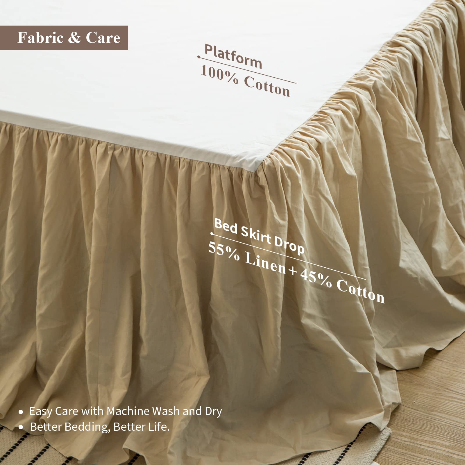 Biselina French Linen Bed Skirt With Pleated Frills 18-Inch Tailored Drop Natural Flax Cotton Blend Dust Ruffle Soft Cozy Farmho