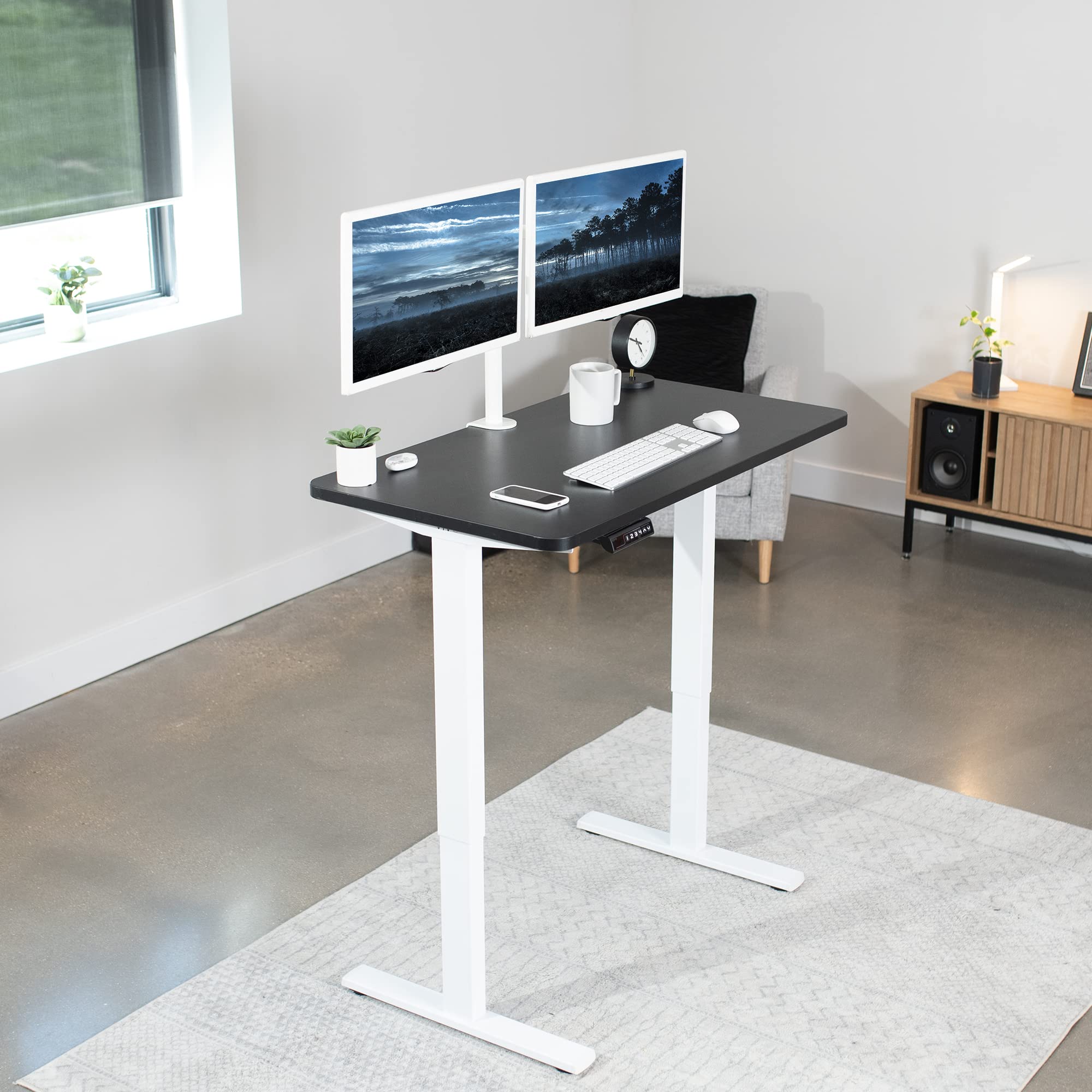 Vivo Electric Height Adjustable 43 X 24 Inch Memory Stand Up Desk, Black Solid One-Piece Table Top, White Frame, Standing Workstation With Preset Controller, 1B Series, Desk-Kit-1W4B