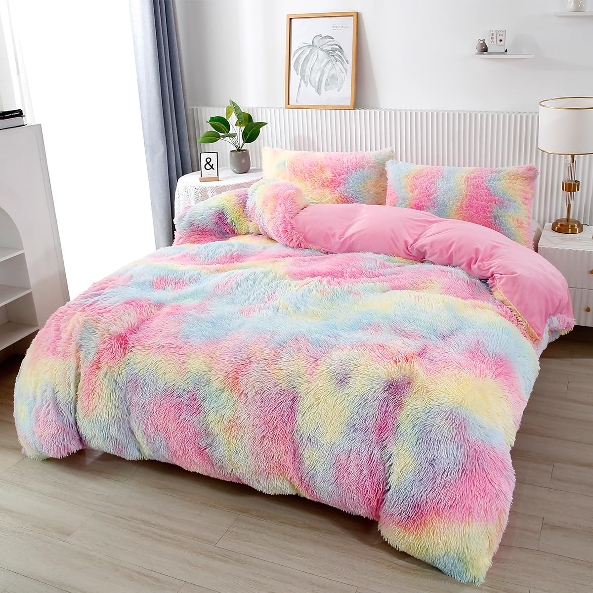 Perfemet Pink Plush Shaggy Bedding Sets Full 3 Piece Fluffy Faux Fur Girls Comforter Set Soft Tie Dye Velvet Furry Rainbow Beddi