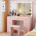 VOWNER Vanity with Lighted Mirror - Makeup Vanity Desk with 7 Drawers, Power Outlet and Stool, 3 Color Lighting Modes Adjustable