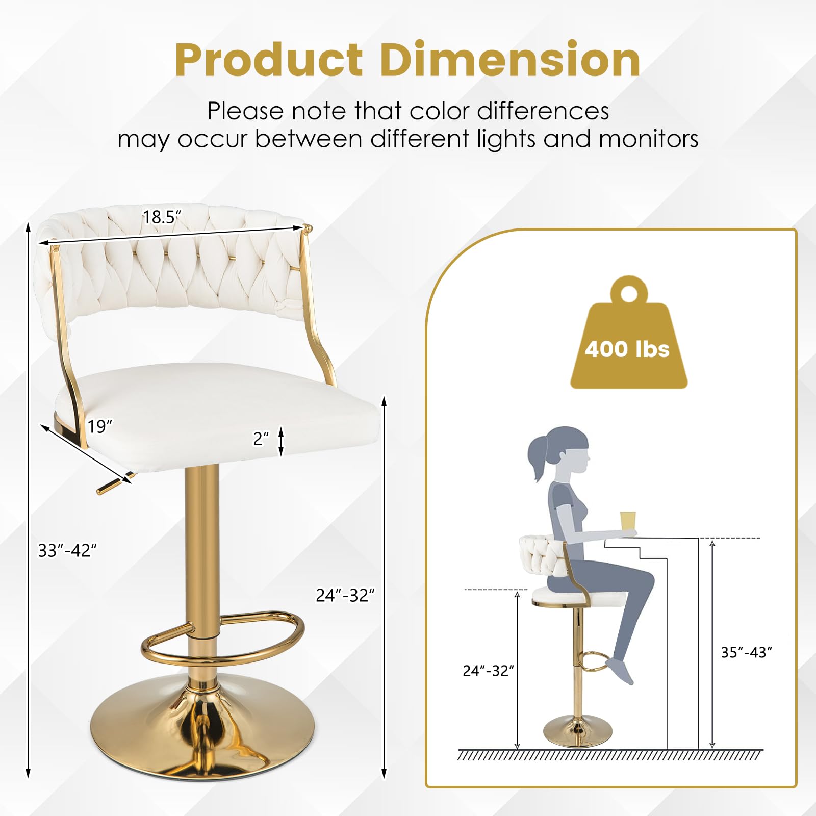 Costway Velvet Adjustable Bar Stools Set Of 2, Max Load 400 Lbs, Modern Upholstered Swivel Barstools With Woven Back, Footrests, Adjustable Height Bar Chairs For Kitchen Island Cafe Pub, Beige+Gold