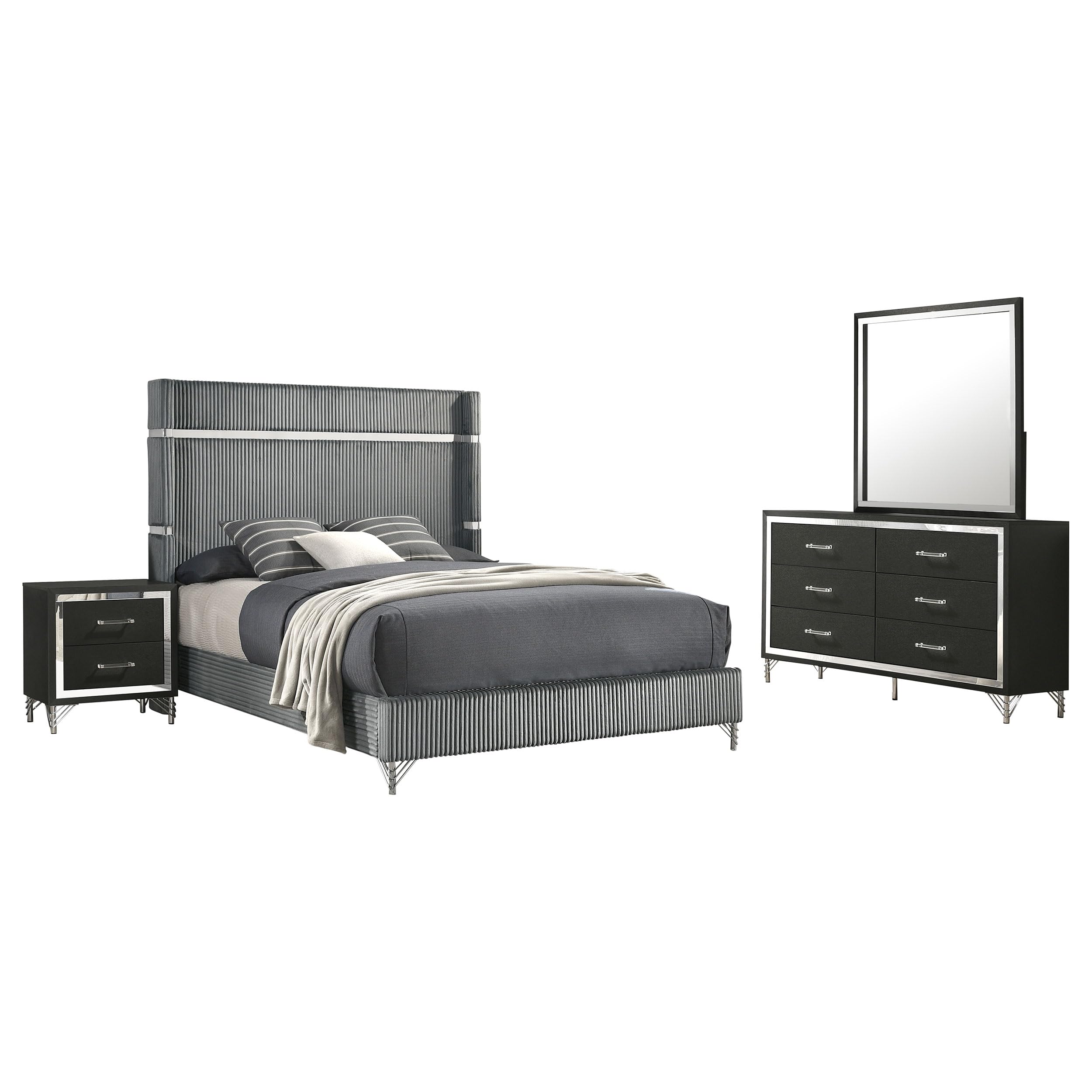 Coaster Home Furnishings Lucia Modern Classic 4-Piece Bedroom Set Velvet Upholstered Eastern King Size Wingback Bed Frame 61-inch Headboard Grey and Black 224991KE-S4