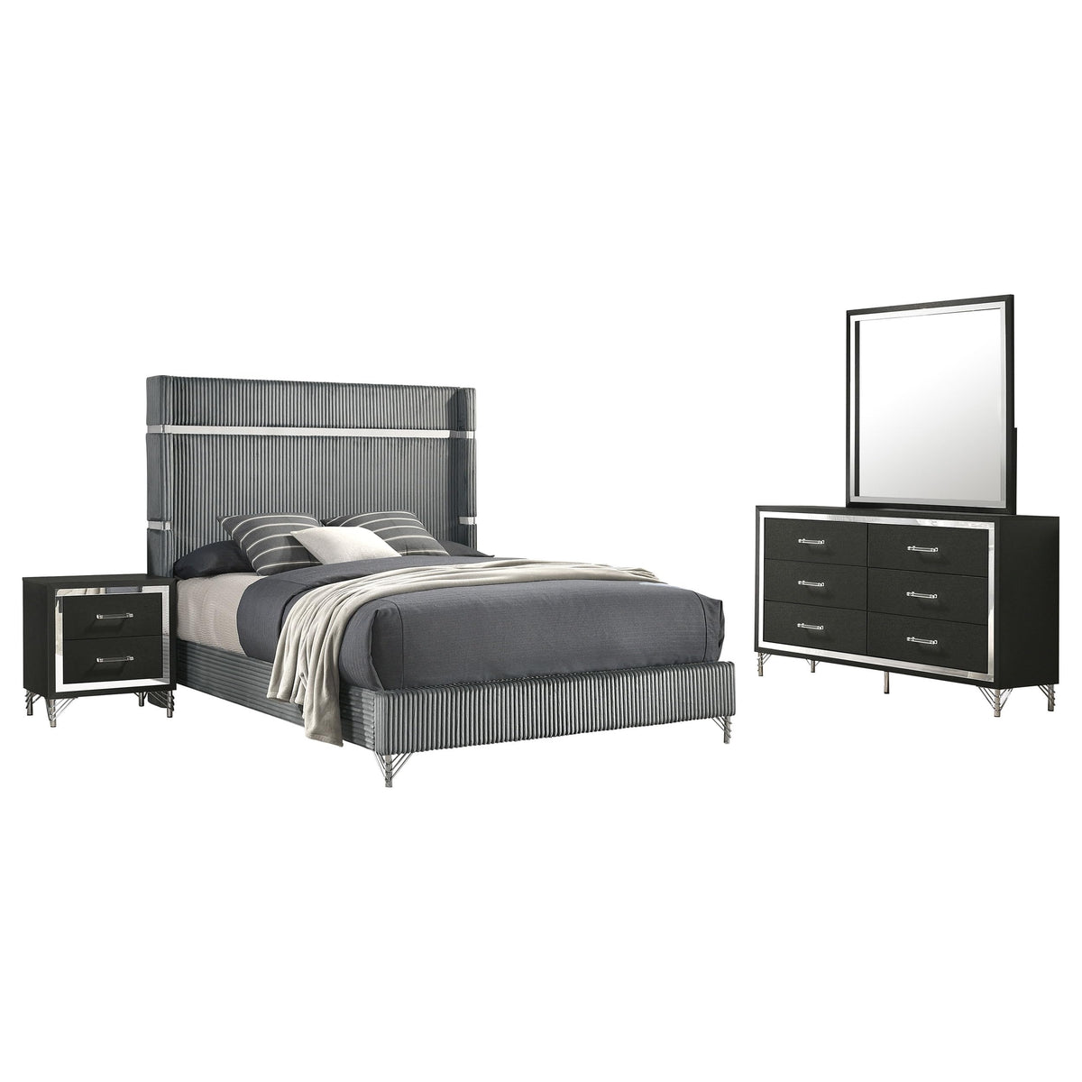 Coaster Home Furnishings Lucia Modern Classic 4-Piece Bedroom Set Velvet Upholstered Eastern King Size Wingback Bed Frame 61-inch Headboard Grey and Black 224991KE-S4