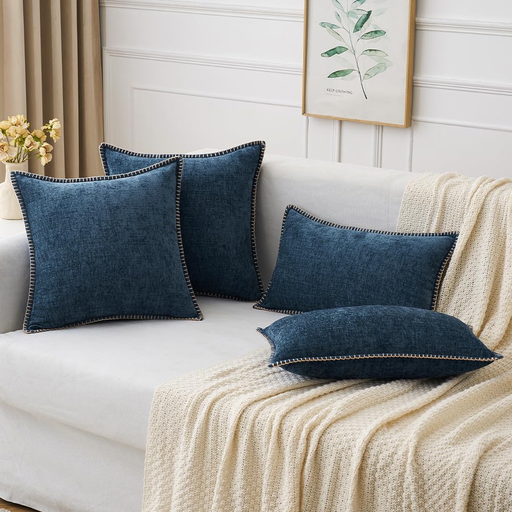 Miulee Pack Of 2 Couch Throw Pillow Covers 18X18 Inch Navy Blue Farmhouse Decorative Pillow Covers With Stitched Edge Soft Chenille Solid Dyed Spring Pillow Covers For Sofa Bed Living Room