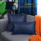 Brawarm Navy Blue Leather Throw Pillow 12 X 20 Inches, Faux Leather Pillow Cover With Piping, Hand Stitched Leather Decorative L