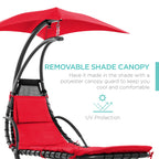 Best Choice Products Outdoor Hanging Curved Steel Chaise Lounge Chair Swing W/Built-In Pillow And Removable Canopy -Red
