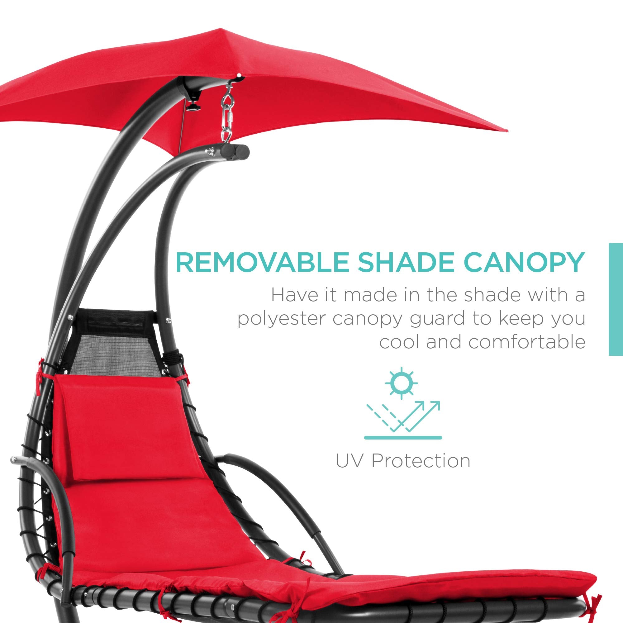 Best Choice Products Outdoor Hanging Curved Steel Chaise Lounge Chair Swing W/Built-In Pillow And Removable Canopy -Red