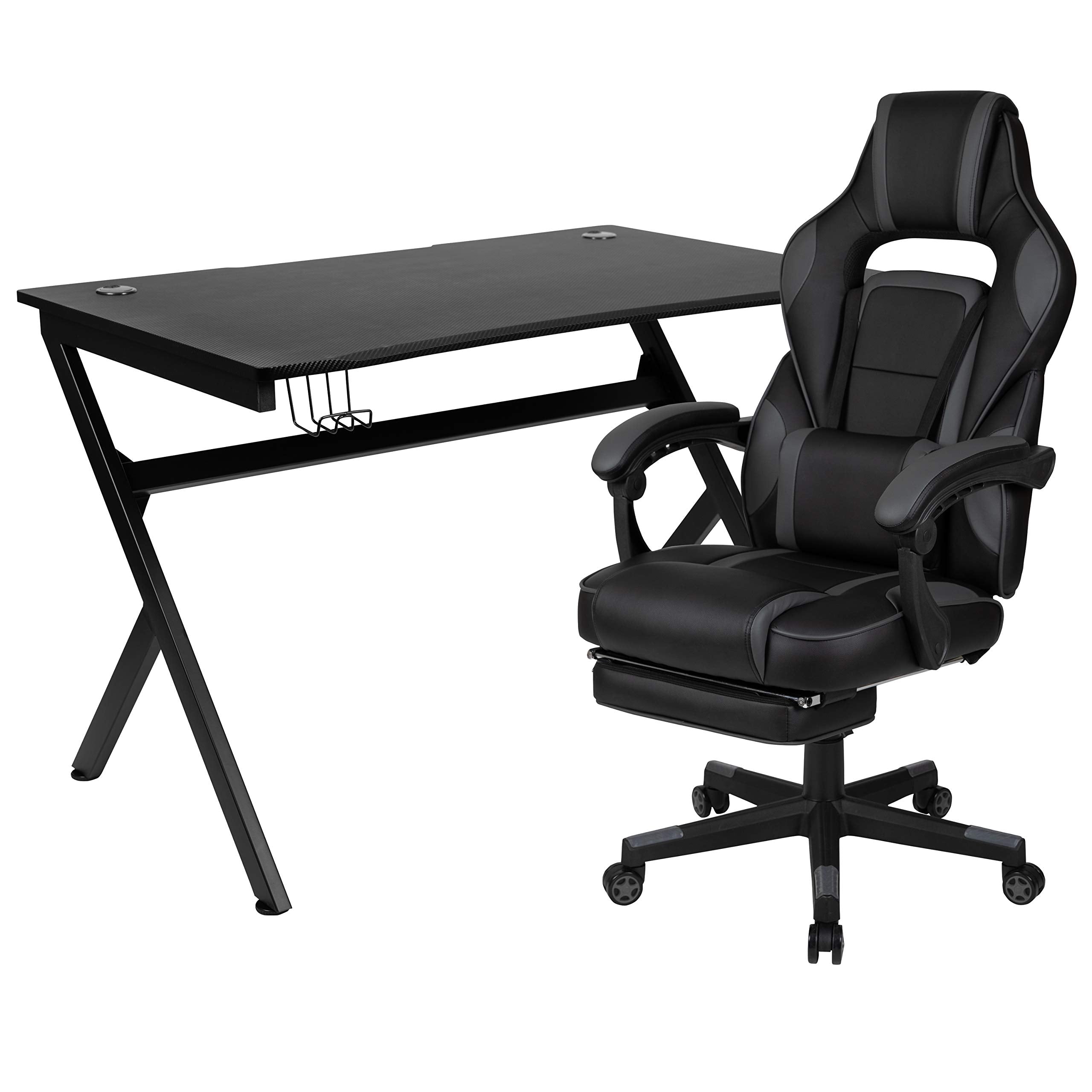 Flash Furniture Black Gaming Desk with Cup Holder/Headphone Hook/2 Wire Management Holes & Black Reclining Back/Arms Gaming Chair with Footrest