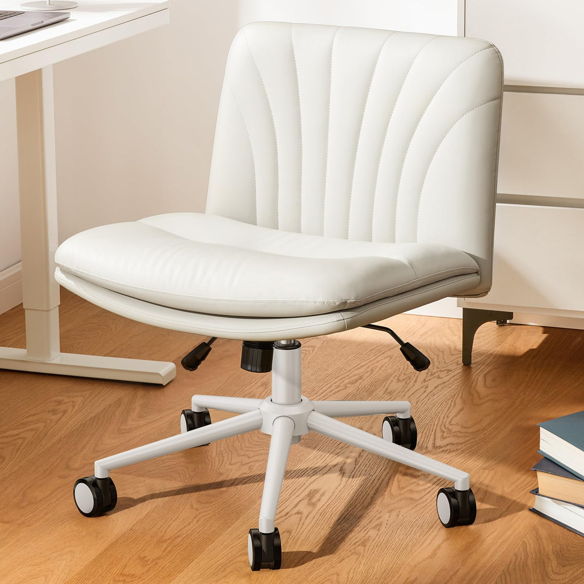Marsail Armless-Office Desk Chair With Wheels: Pu Leather Cross Legged Wide Chair,Comfortable Adjustable Swivel Computer Task Chairs For Home,Office,Make Up,Small Space,Bed Room(Balanced Beige)