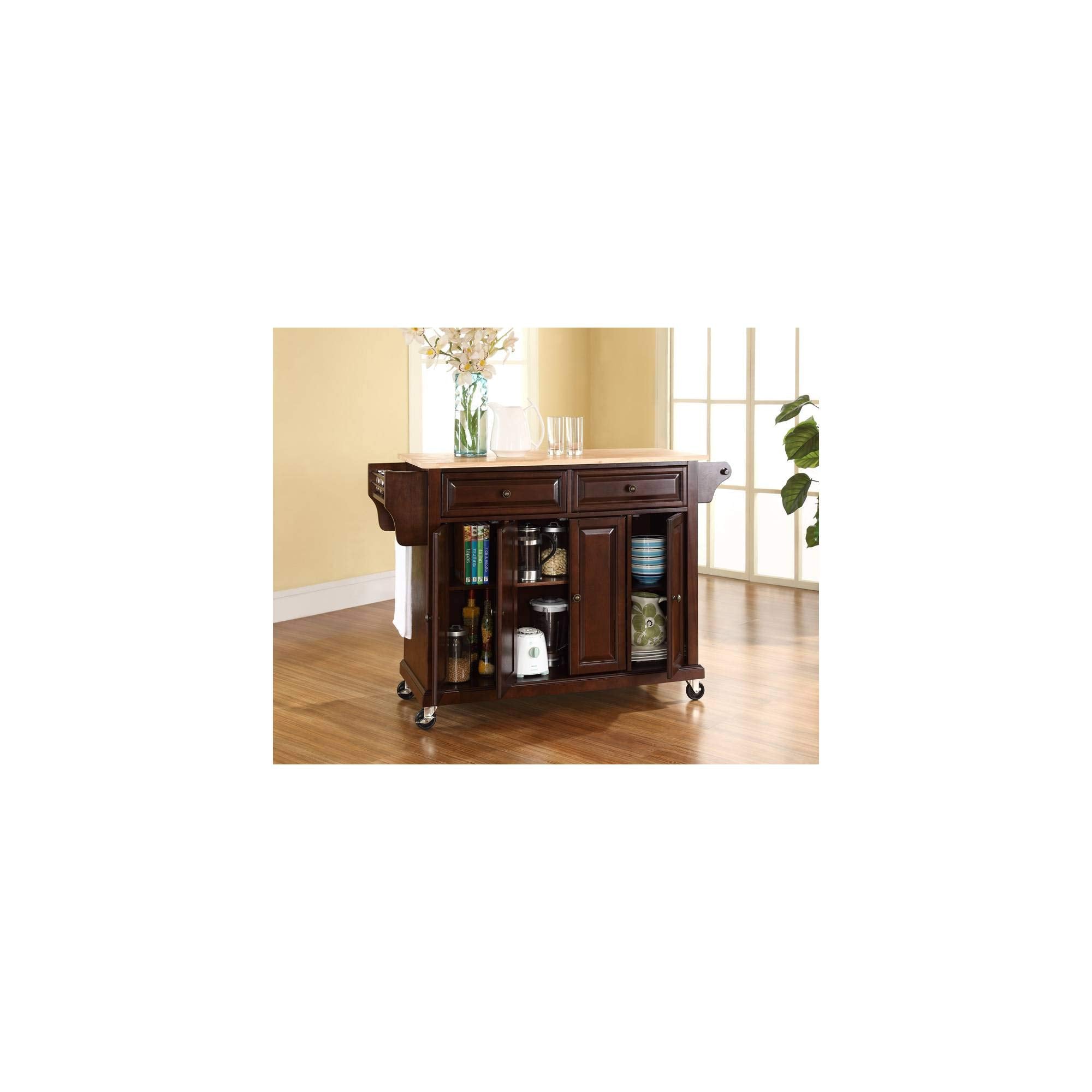 Crosley Furniture Full Size Wood Top Rolling Kitchen Island Storage Cart, Microwave Stand, Spice Rack, Mahogany