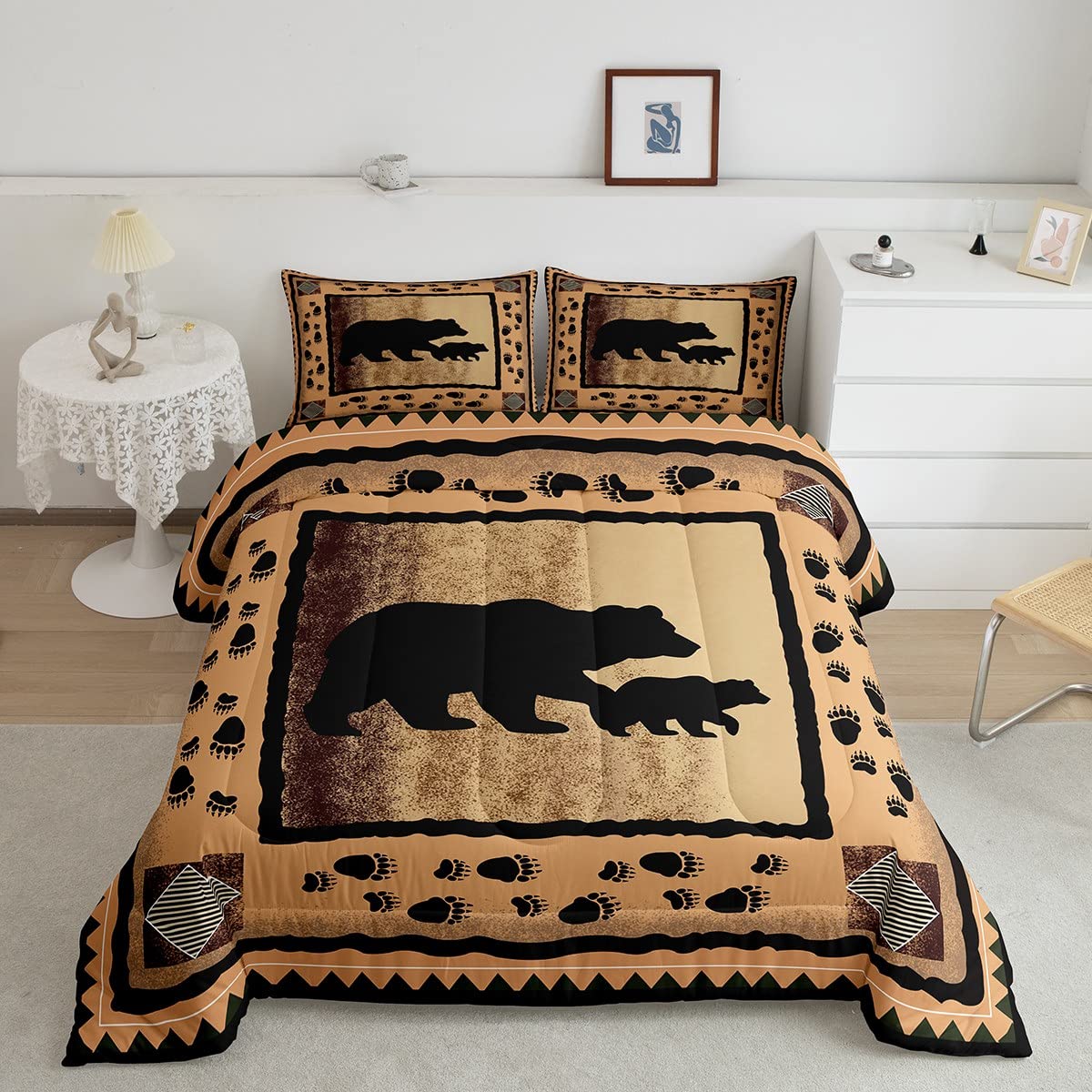 Castle Fairy Lodge Cabin Comforter Set Wild Bear Animal Paw Print Decor Bedding Set Retro Gradient Stripes Buffalo Comforter Cou