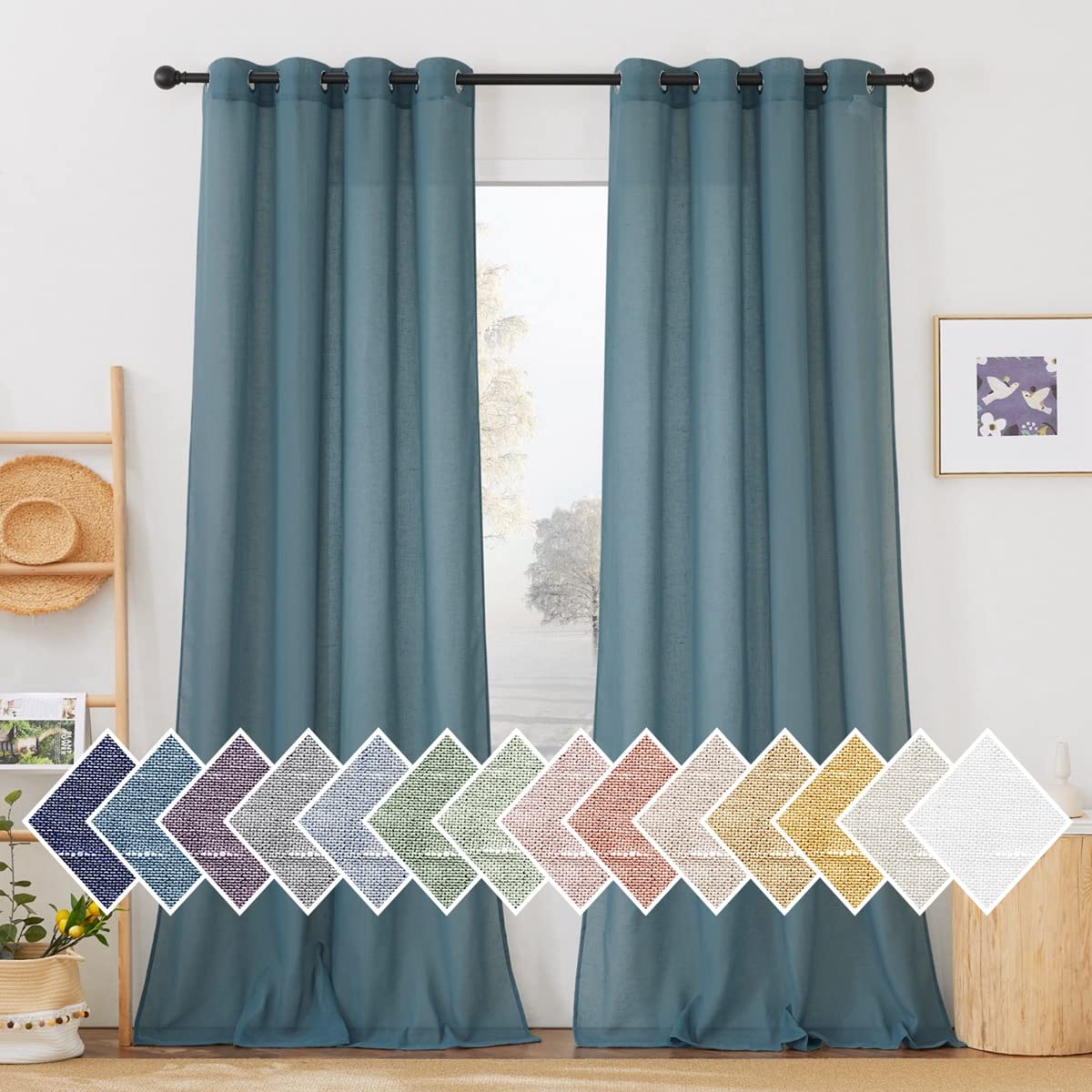 Nicetown Sheer Linen Curtains 96 Inch Long 2 Panels Set, (Smoke Blue) Grommet Semi Sheer Flax Window Curtains & Drapes Privacy W