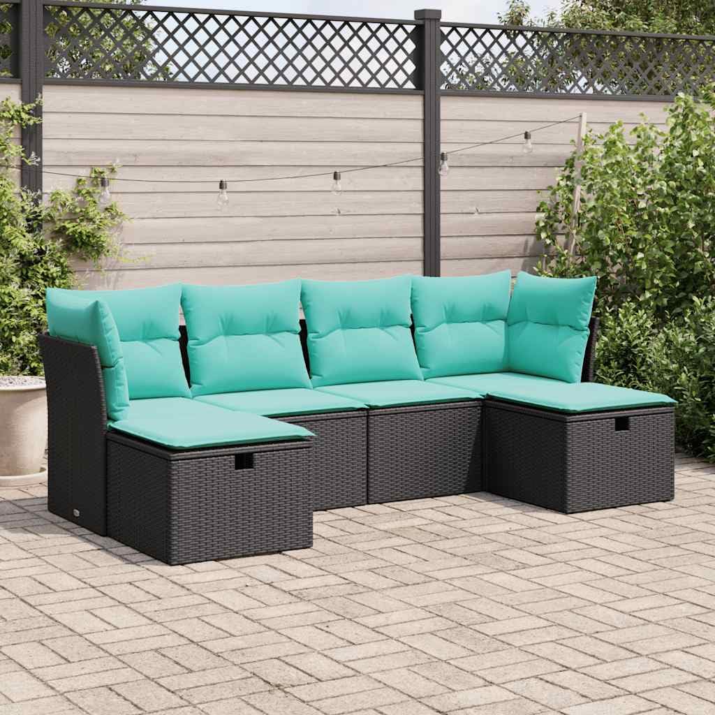 vidaXL 6 Piece Patio Sofa Set, Black Poly Rattan, Outdoor Garden Terrace Seating, Durable, Weather-Resistant Cushions, Comfortable Storage Function with Water-Resistant Bag, Modern Style