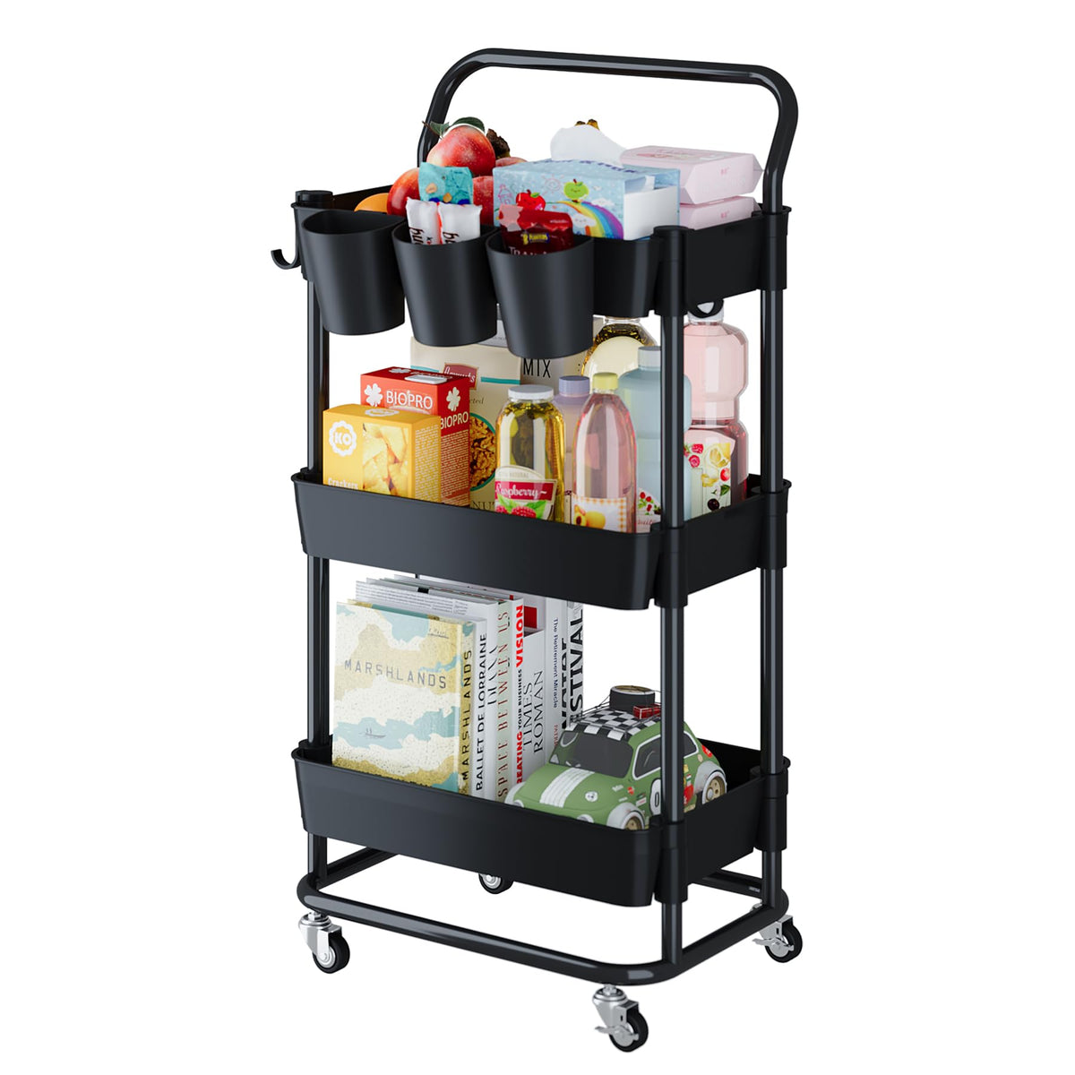 Buzowruil 3-Tier Rolling Utility Cart, Storage Cart With Handle Multi-Purpose And Locking Wheels,With Hanging Basket And Hook For Office, Kitchen, Bathroom,Black