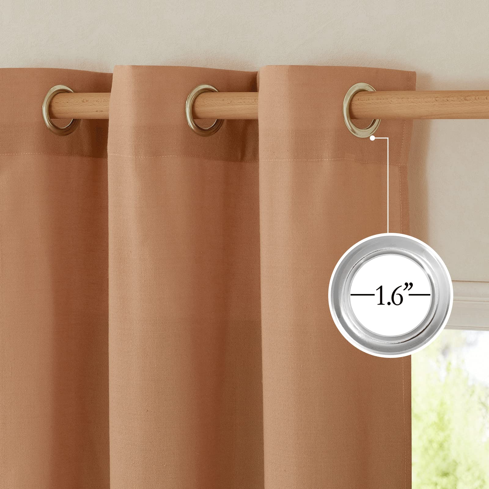 Nicetown Linen Burnt Orange Curtains 90 Inch Length 2 Panels, Grommet Privacy Added Thick Flax Linen Burlap Semi Sheer Light Filtering Window Treatments For Bedroom/Girls Room, W55 X L90