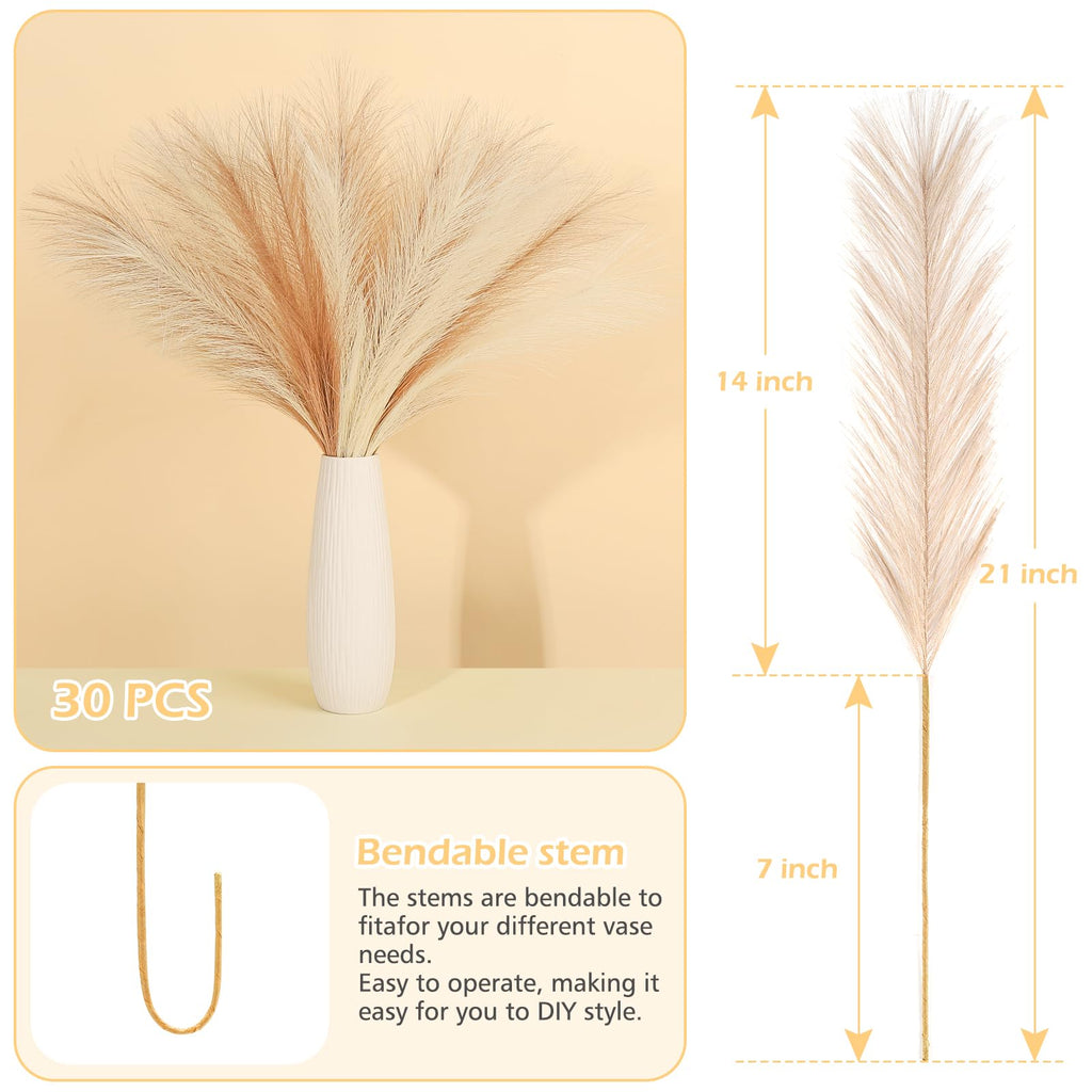 Septcat 30 Pcs Pampas Grass Decor 21.7'' Fluffy Faux Short Brown Pampas Grass Artificial Small Pompas Grass Flower Vase Filler F
