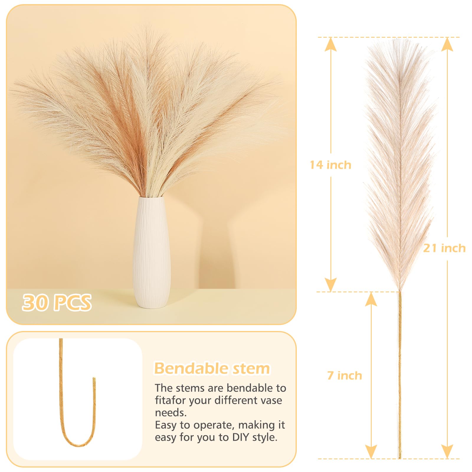 Septcat 30 Pcs Pampas Grass Decor 21.7'' Fluffy Faux Short Brown Pampas Grass Artificial Small Pompas Grass Flower Vase Filler F