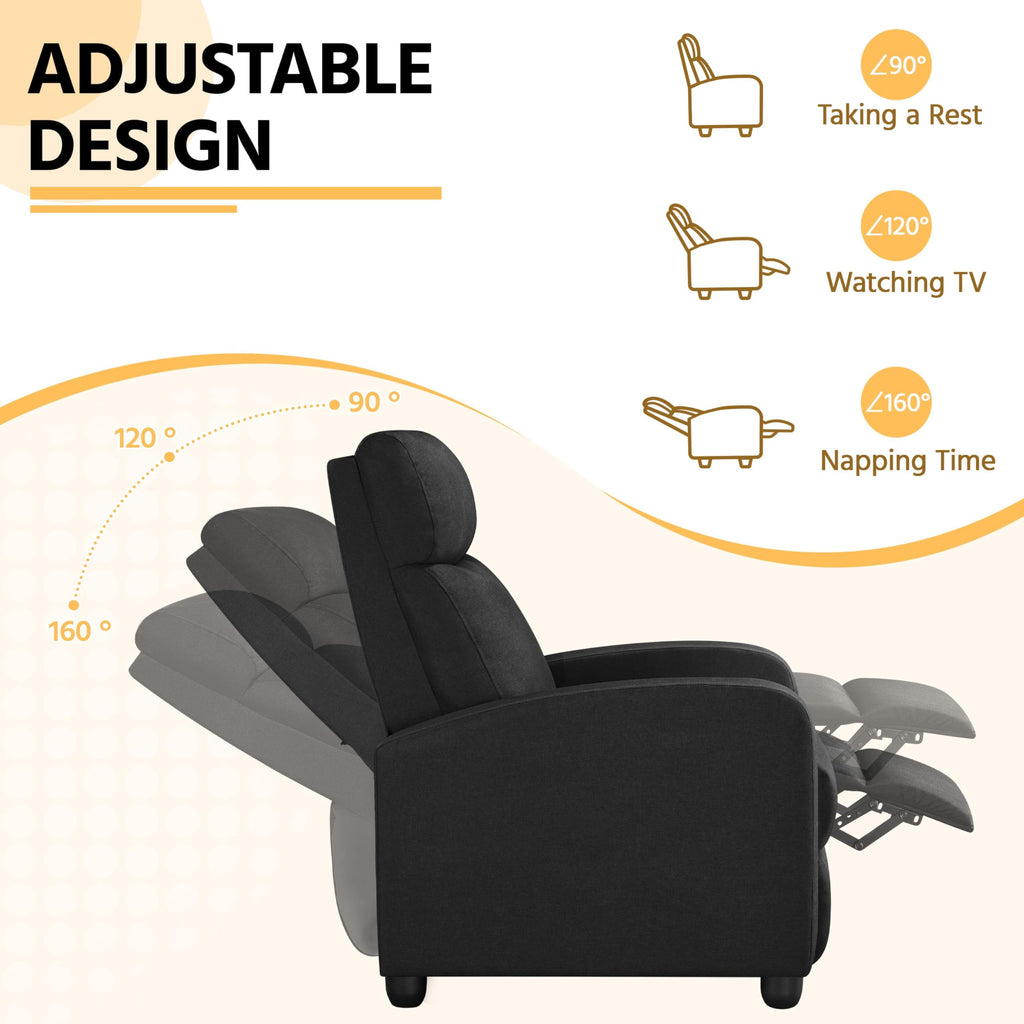 Yaheetech Fabric Recliner Chair Sofa Ergonomic Adjustable Single Sofa With Thicker Seat Cushion Modern Home Theater Seating For Living Room Matte Black