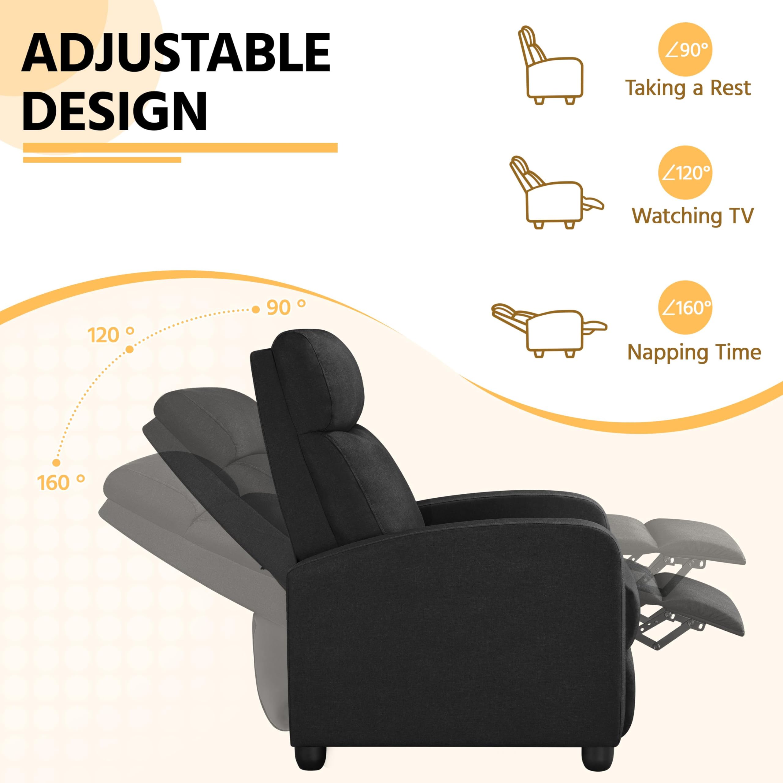 Yaheetech Fabric Recliner Chair Sofa Ergonomic Adjustable Single Sofa With Thicker Seat Cushion Modern Home Theater Seating For Living Room Matte Black