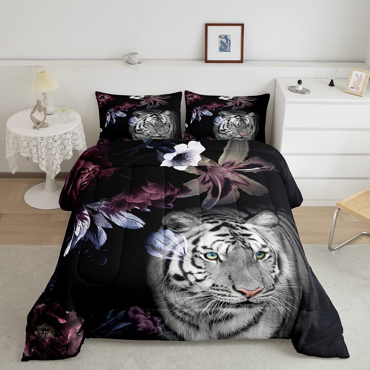 Tiger Comforter Set Queen,Purple Flowers Plants Quilt Set For Kids Teens Men Adults Room Decor,3D Print Wild Animals Plants Bedd