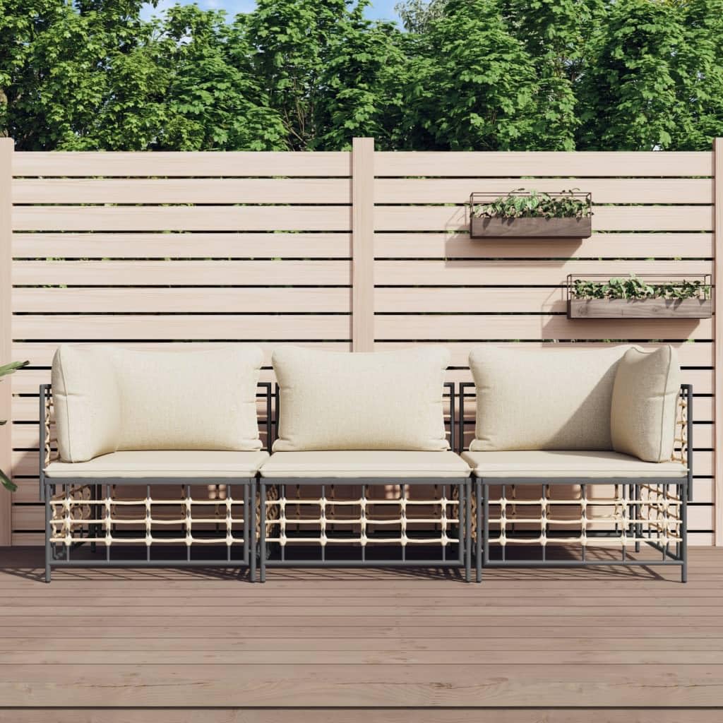 vidaXL 3 Piece Patio Lounge Set - Outdoor Poly Rattan with Cushions, Anthracite and Beige Colour, Modular Design, Steel Frame