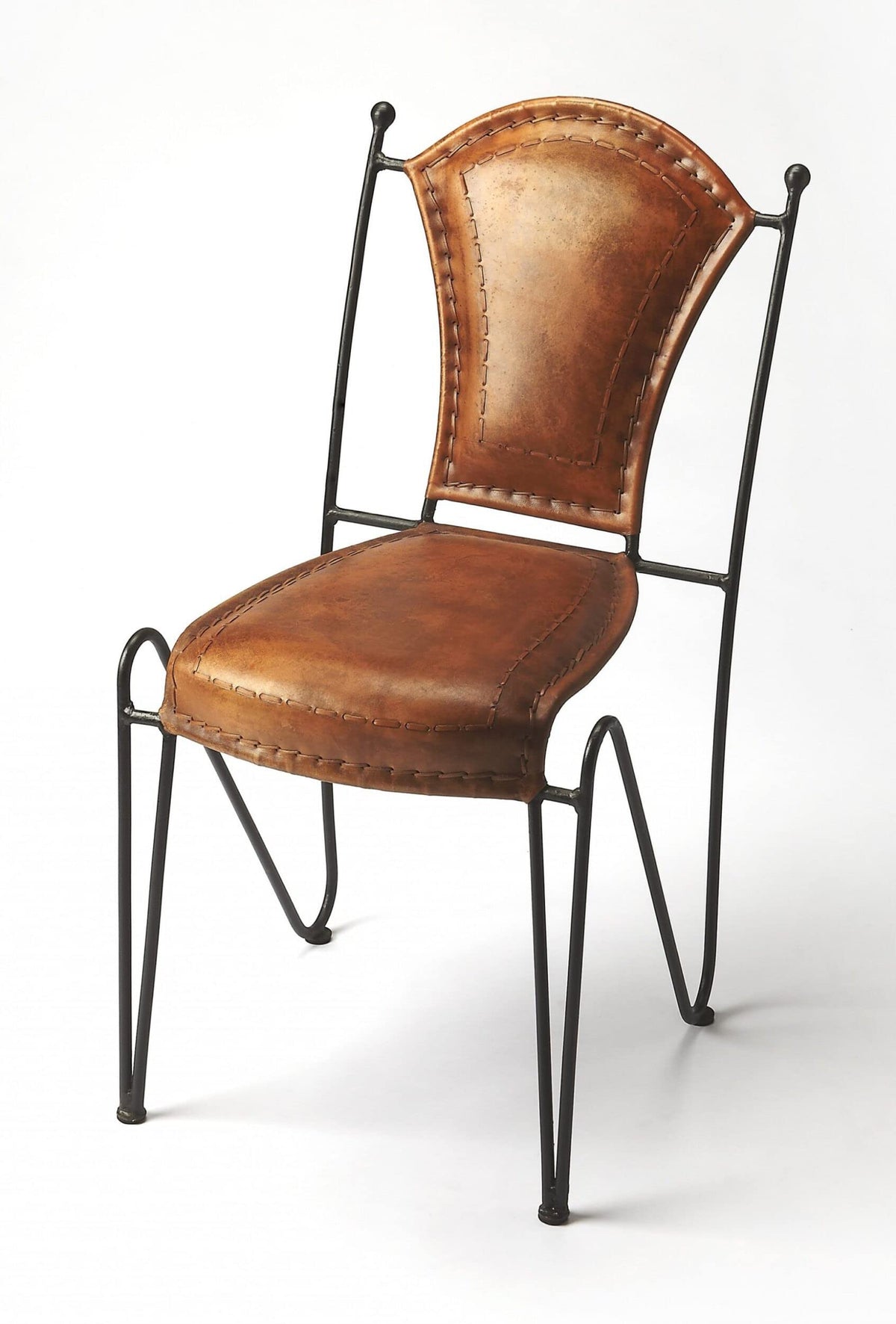 HomeRoots Medium Brown Iron, Leather, Urethane Foam Modern Rustic Iron and Leather Side Chair