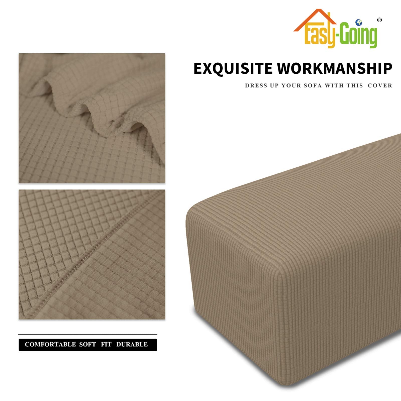 Easy-Going Stretch Ottoman Cover Folding Storage Stool Furniture Protector Soft Rectangle Slipcover With Elastic Bottom(Ottoman Large,Natural)